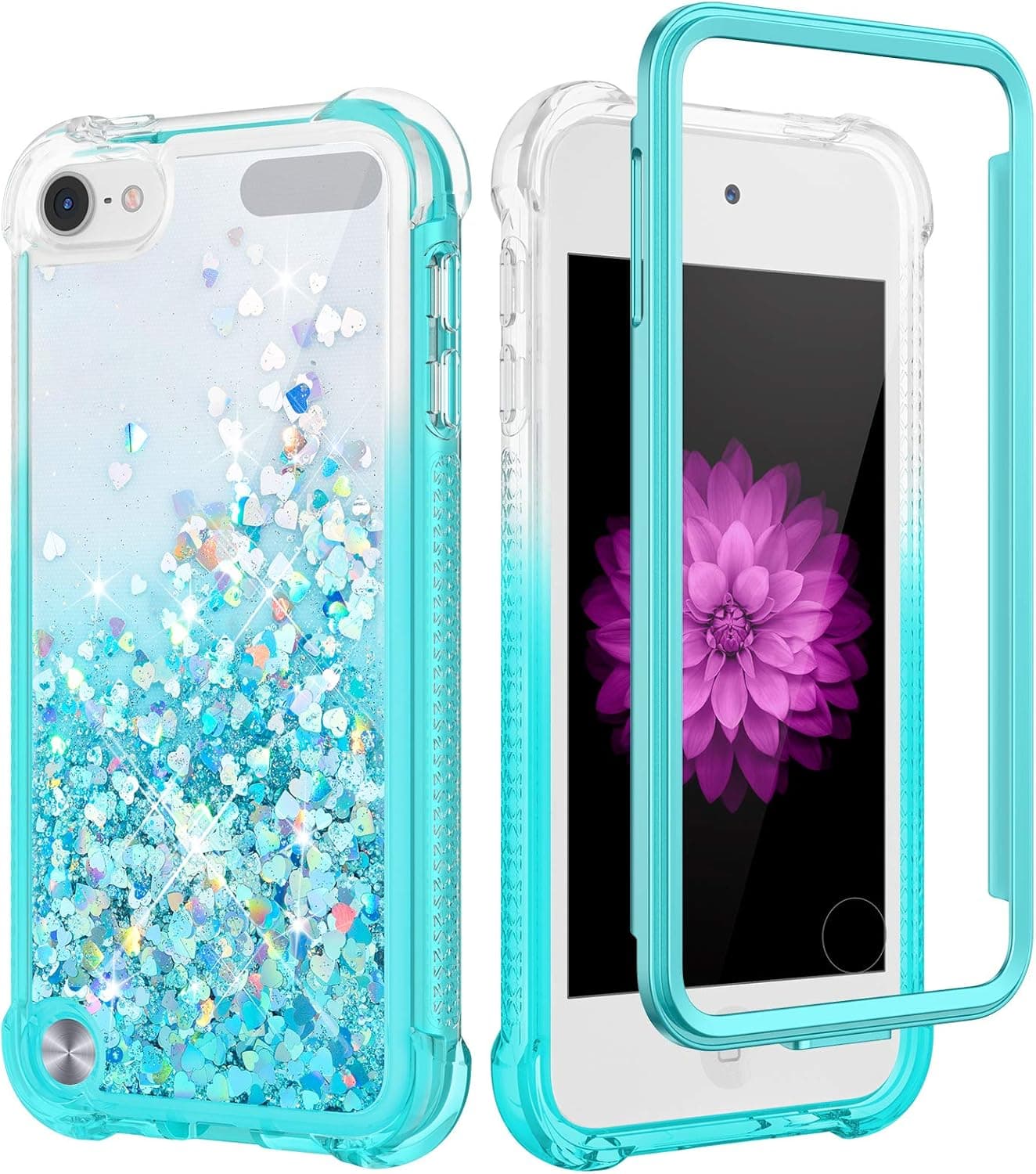 Caka iPod Touch 5 6 7 Case, iPod Touch 7 Glitter Case Bling Liquid Sparkle Fashion Girly Girls Women Flowing Bumper Cushion TPU Case for iPod Touch 5 6 7 (Gradinet Teal)