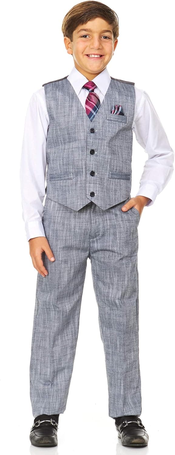 Vittorino Boy's Linen Look 4 Piece Suit Set with Vest Pants Shirt and Tie