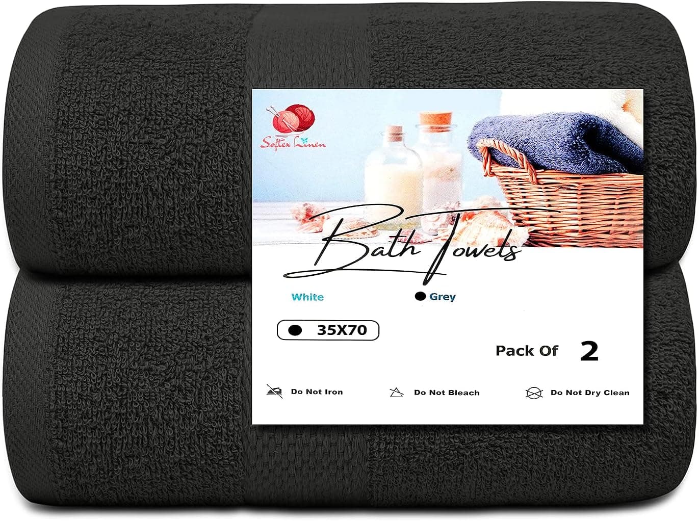 SOFTEX Linen 2-Pack Grey 35x70 Bath Towels Soft, Plush, Quick Dry, Absorbent, Premium Quality, Ultimate Comfort, Spa Experience, Home (100% Cotton)