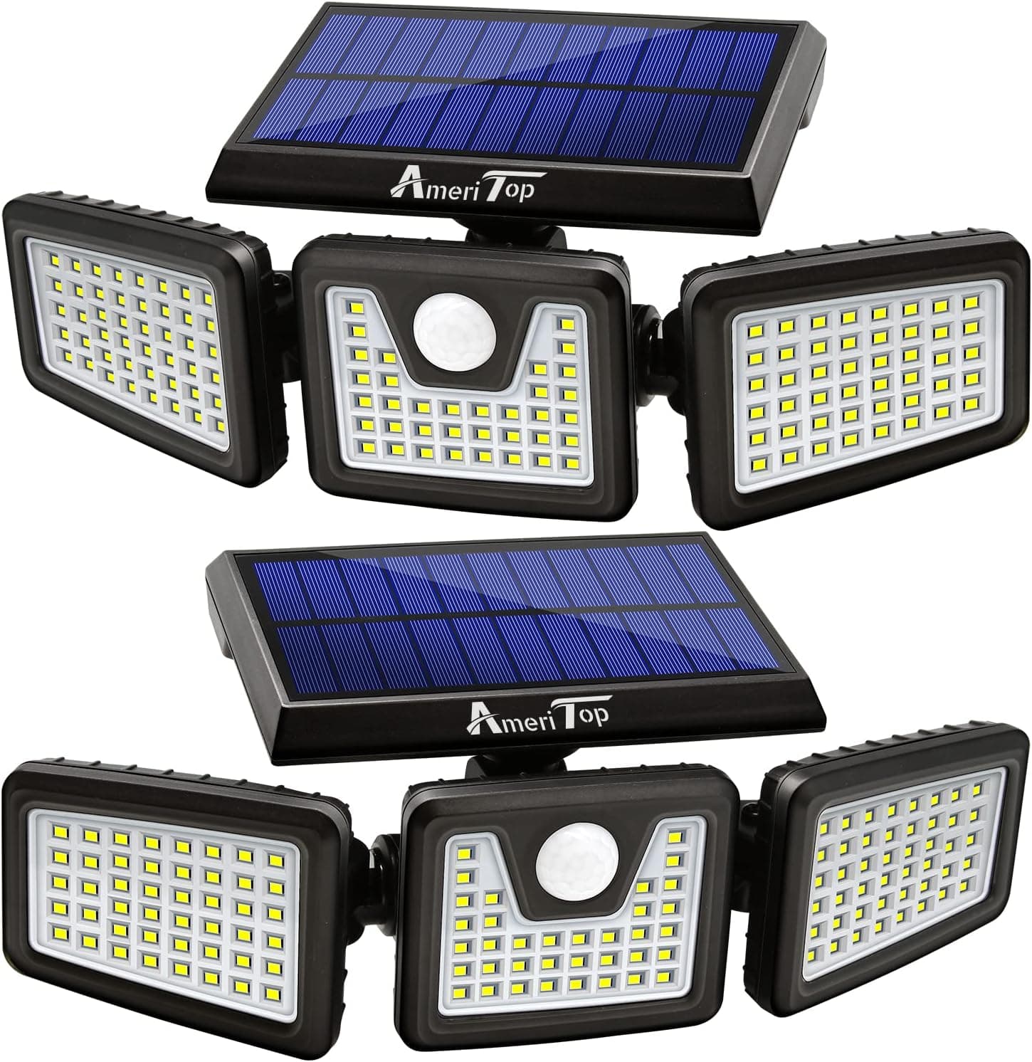 AmeriTop Solar Lights Outdoor, 2 Pack 128 High Brightness LED Cordless Solar Motion Sensor Lights; 3 Adjustable Heads, 270°Wide Angle Illumination, IP65 Waterproof, Security LED Flood Light(Daylight)