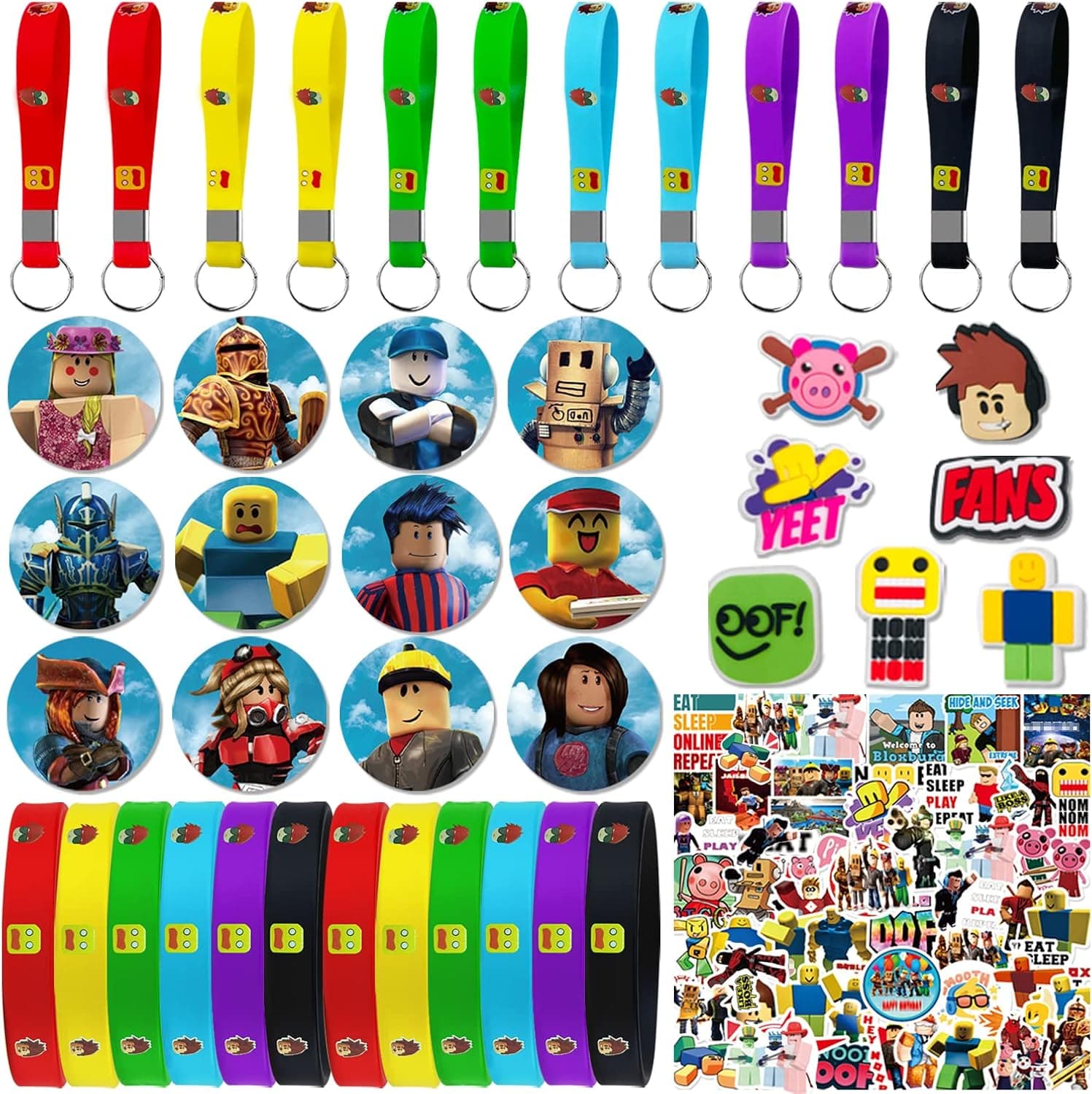 Family Pro 99 Pack Birthday Party Favors Supplies -10 Shoe Charms, 12 Keychains, 12 Bracelets, 12 Button Pins, 53 Stickers for Kids Boys Girls