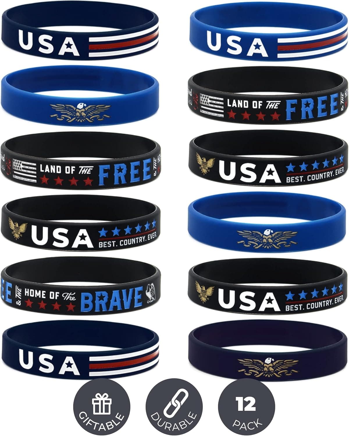 Inkstone (12-pack) USA Patriotic Silicone Bracelets, Variety Pack - Wholesale Bulk Patriotic American Flag Gifts Party Favors Supplies - Unisex Patriotic Jewelry Apparel for Men Women Teens