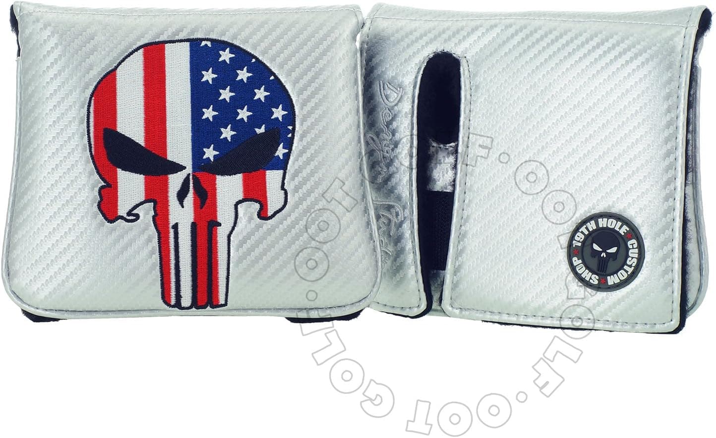 19th Hole Custom Shop US Flag Punisher Skull Golf High-MOI Mallet Putter Head Cover, Right Heand, Silver