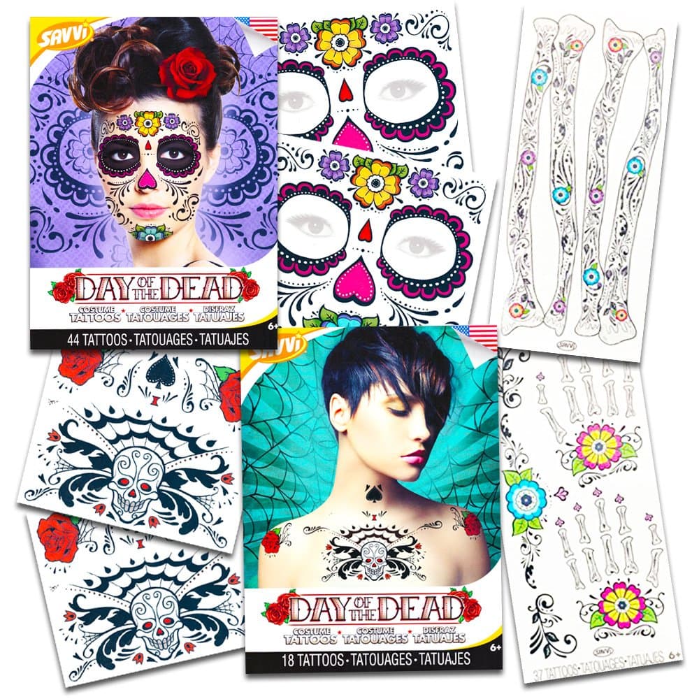 Day of The Dead Sugar Skull Ultimate Temporary Tattoo Set - Face, Arms, Hands and Chest Tattoo Kits (Floral Design)