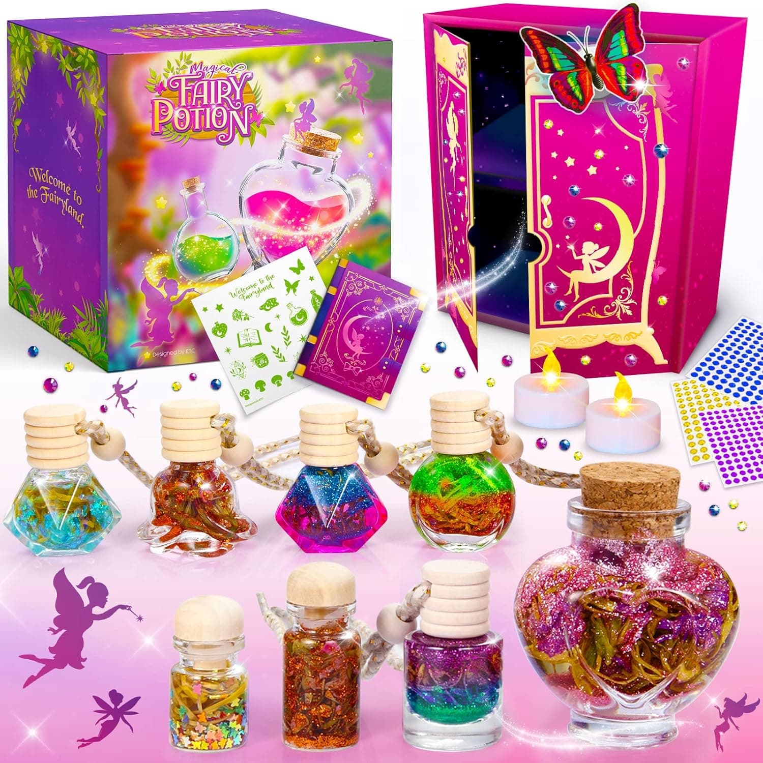 FUNZBO Fairy Polyjuice Potions Crafts for Girls Ages 6-8, Magic Mixies, Birthday Gifts for 6 7 8 9 10 Year Old Girls, School Craft Projects, Fairy Garden Kit for Girls 6-8 8-10 8-12 (Red)
