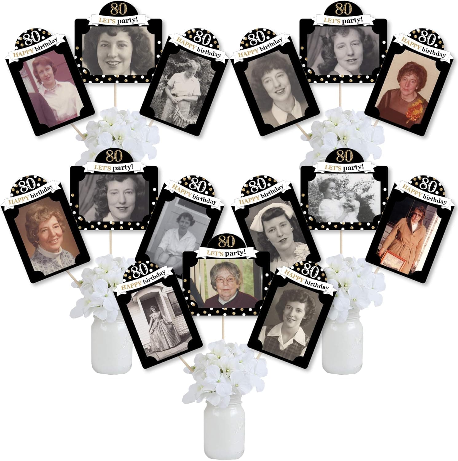Big Dot of Happiness Adult 80th Birthday - Gold - Birthday Party Picture Centerpiece Sticks - Photo Table Toppers - 15 Pieces