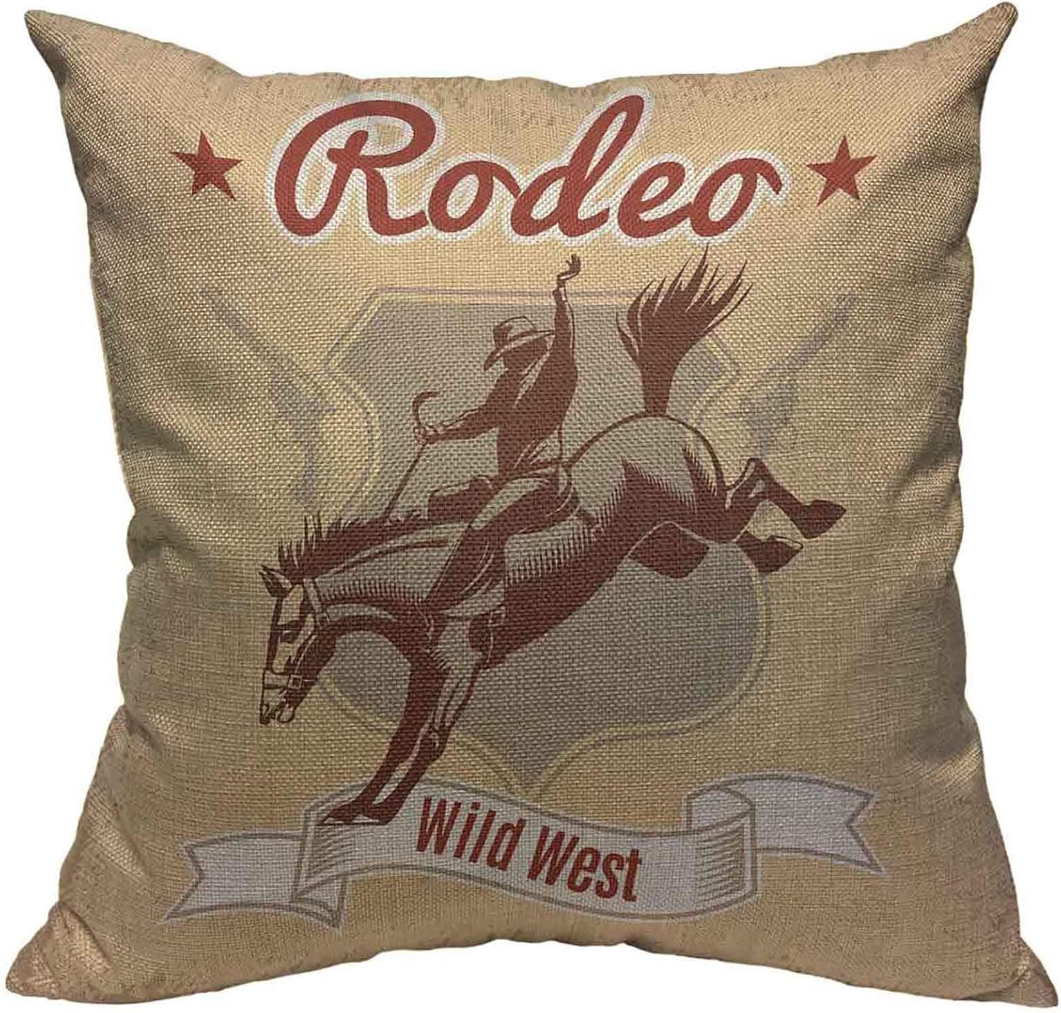 VERSUSWOLF Throw Pillow Covers Wild West Rodeo Cowboy Riding Horse and Revolvers Label Vintage Cotton Linen Decorative Square Pillowcases Cushion Cover 18 X 18 Inch