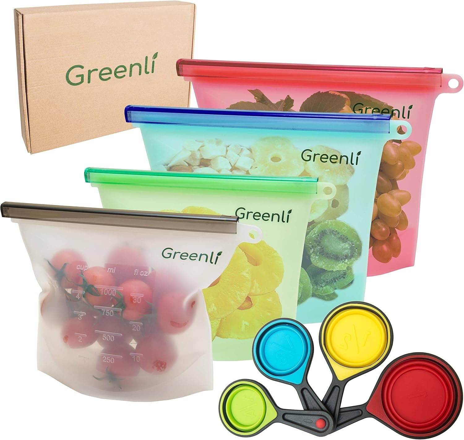 Reusable Silicone Food Bags - 2 Large - 2 Medium - 4 Sizes Collapsible Measuring Silicone Cups - Airtight Seal Food Preservation Bags - Eco Friendly Leakproof Storage Lunch Zip Bag Set of 4