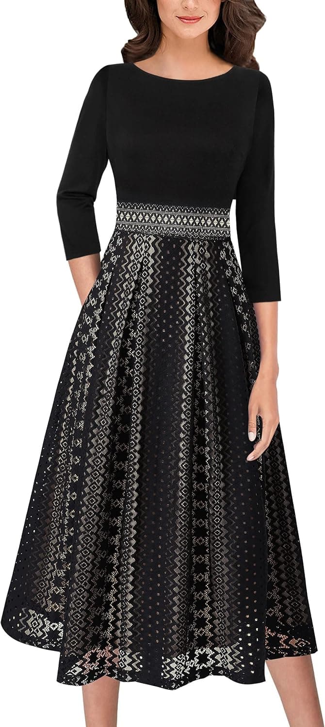 VFSHOW Womens Floral Applique Patchwork Pockets Work Casual Party A-Line Midi Dress