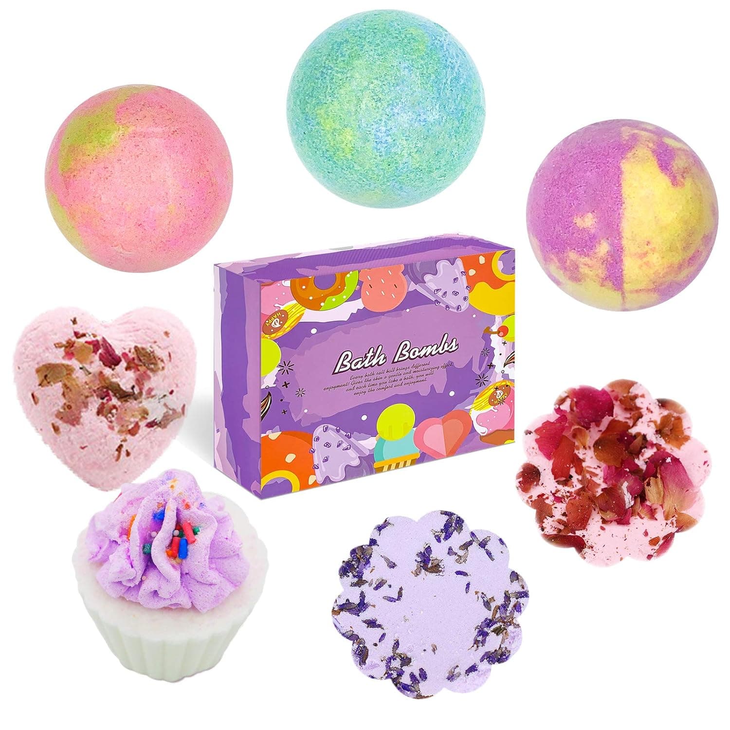FIPPONI, Adults & Kids uses, 7 Difference Style Bath Bomb, Bubble Bath with Dry Skin Moisturize, Shower Steamers & Kids Bath. Handmade Gifts, Thanksgiving, Christmas Gift (7pcs)