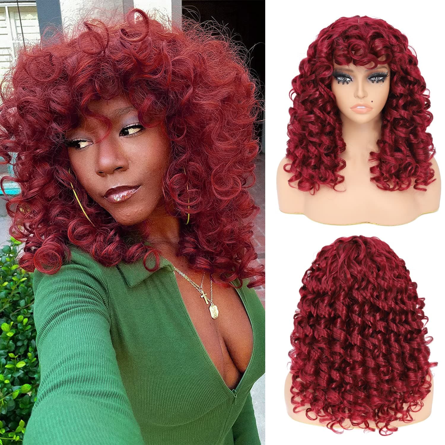 GKtineke Long Curly Wig with Bangs - Big Curly Wigs for White Black Women,20 Inch Synthetic Hair Replacement Wigs for Women (burgundy)
