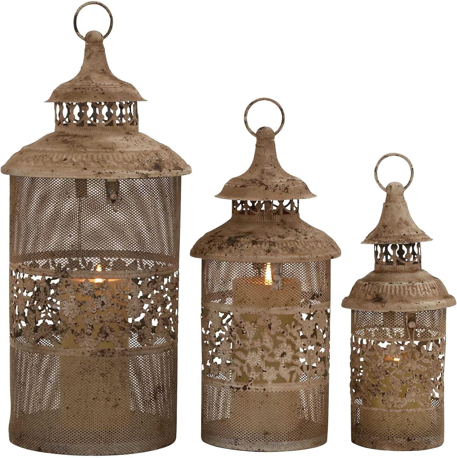 Deco 79 Metal Candle Lantern, 16 by 12 by 11-Inch, Beige, Set of 3