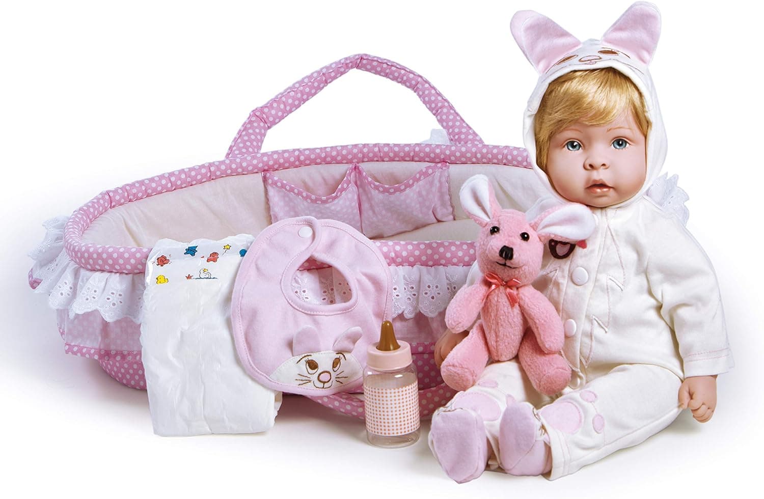 Paradise Galleries Real Looking Baby Doll Girl Molly & Fluffy - 17 inch Ensemble, Comes with Bassinet & Accessories, GentleTouch Vinyl. 9-Piece Gift Set