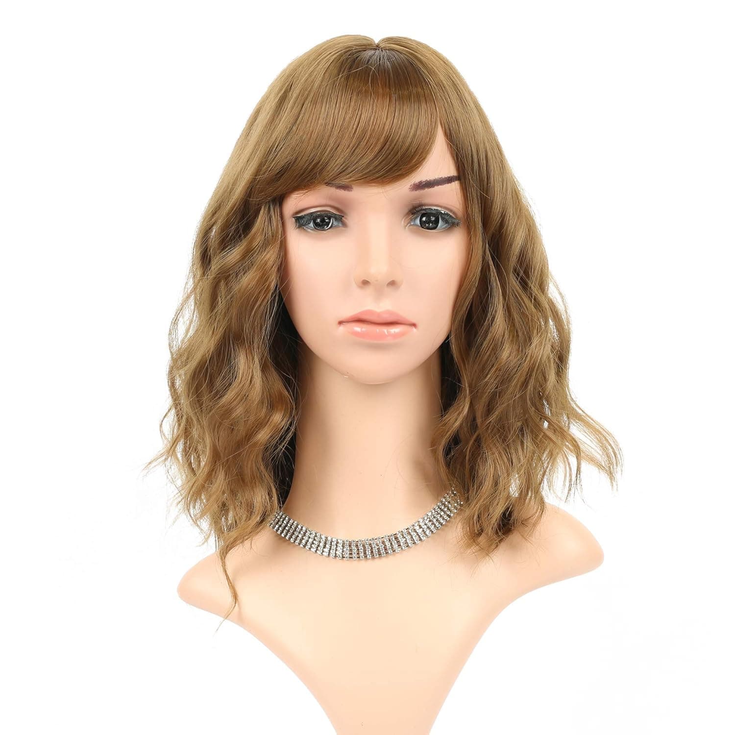 FAELBATY Women's Short Wig With Bangs Bob Curly Wavy Synthetic Cosplay Wig for women Costume Wigs brown Color