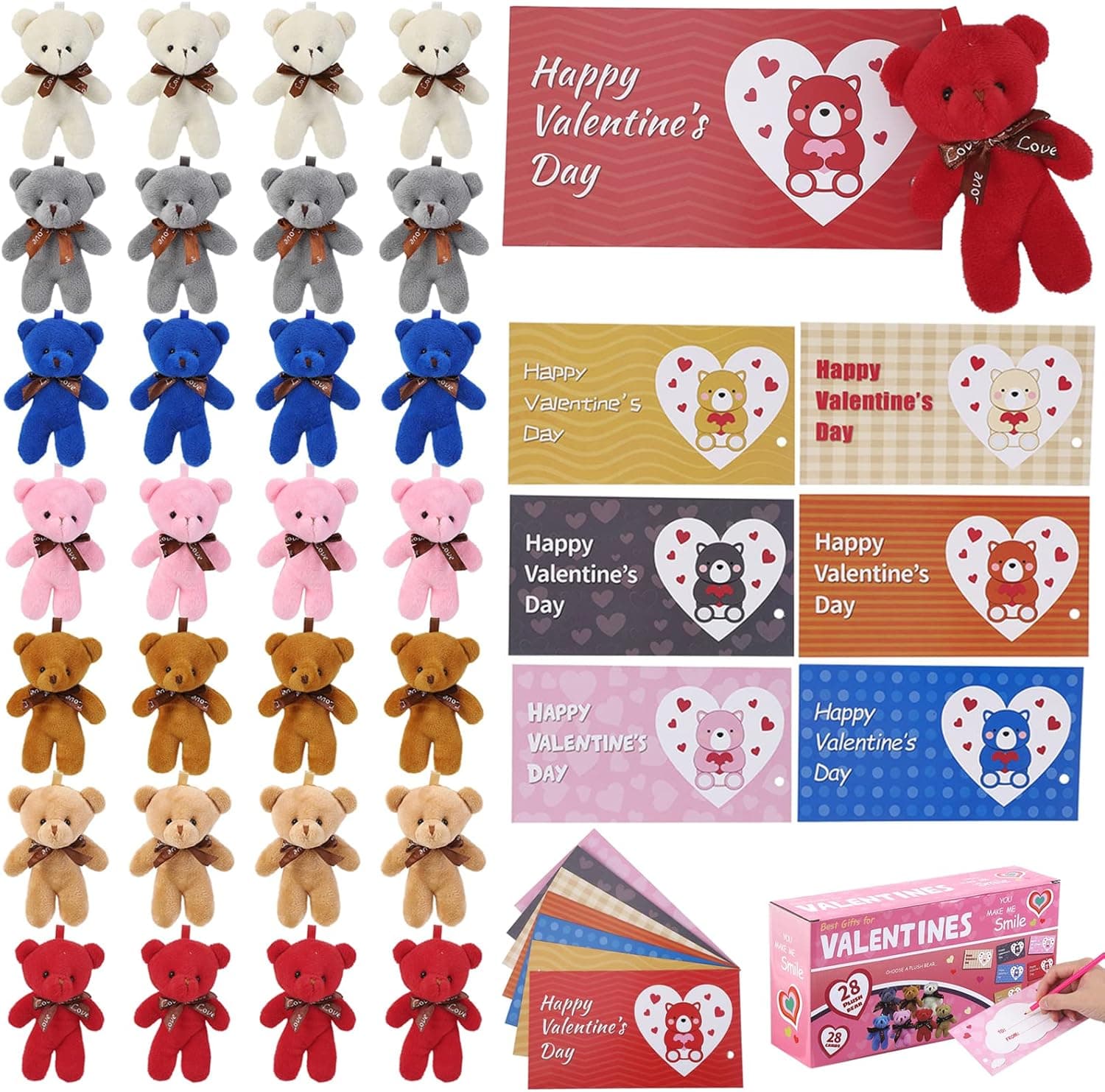28 Pack Valentines Day Gifts for Kids - Valentines Cards with Animal Plush Toys, Mini Bear Stuffed Keychain in Bulk for Party Favors Supplies, School Classroom Gift Exchange for Toddlers Girls Boys