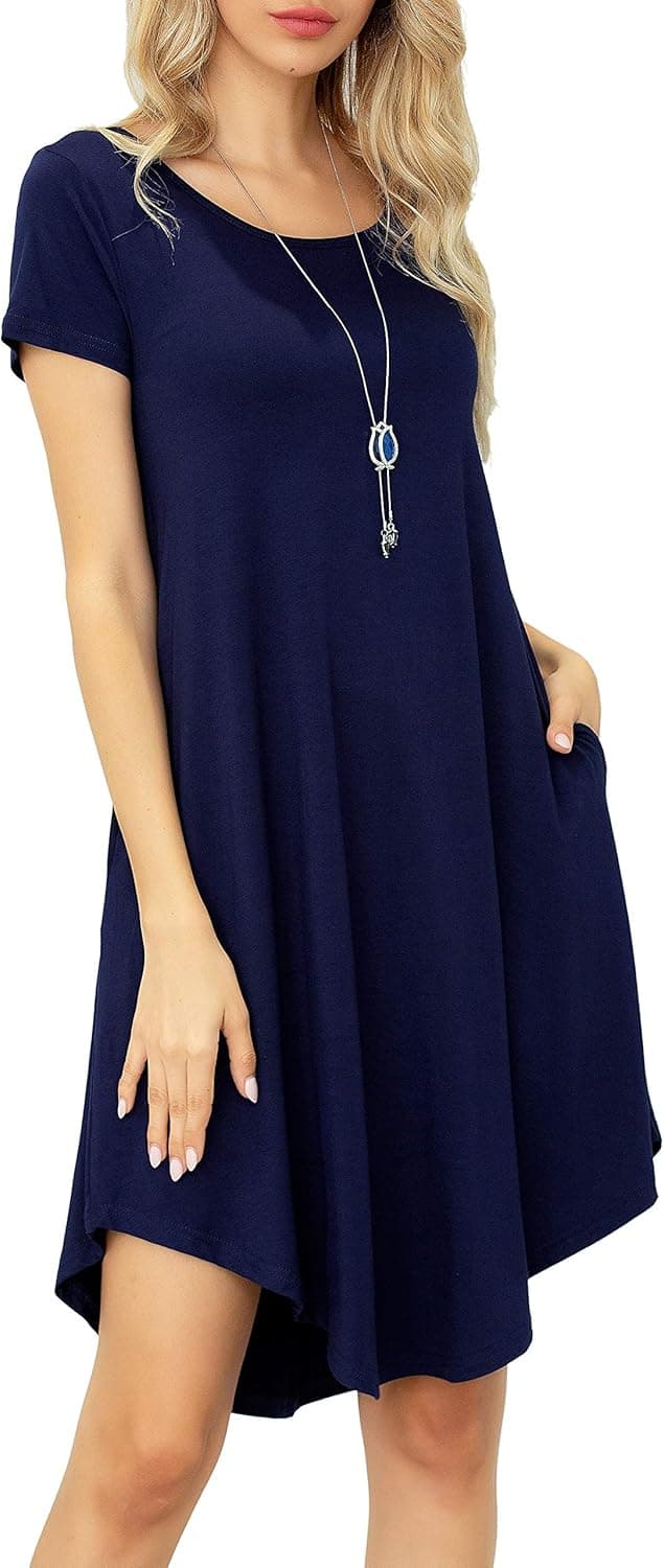 Invug Women Casual Loose Soft Crewneck Short Sleeve Pockets Swing T-Shirt Dress