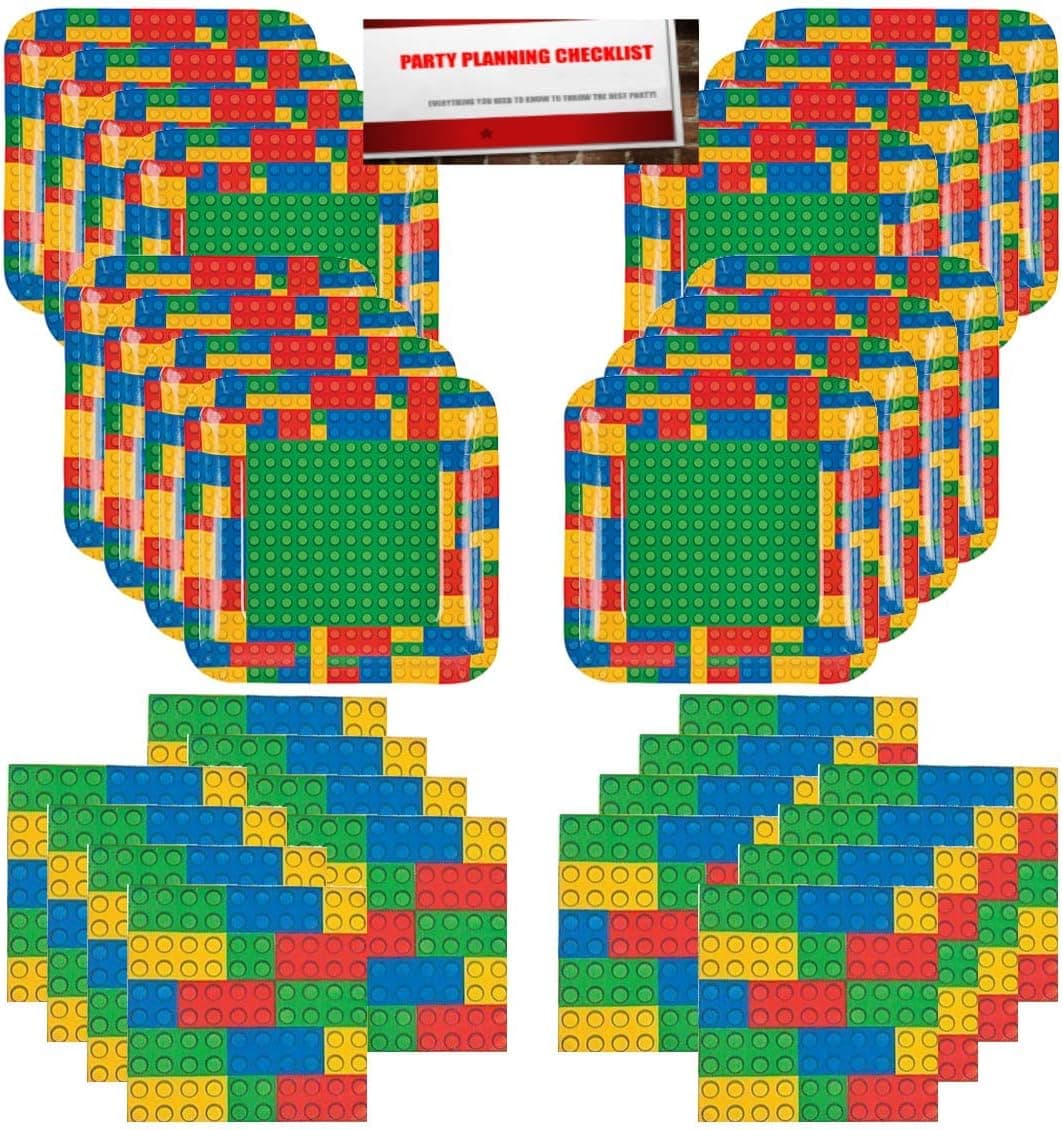 Building Blocks Bricks Party Supplies Bundle Pack for 16 Guests (Plus Party Planning Checklist by Mikes Super Store)