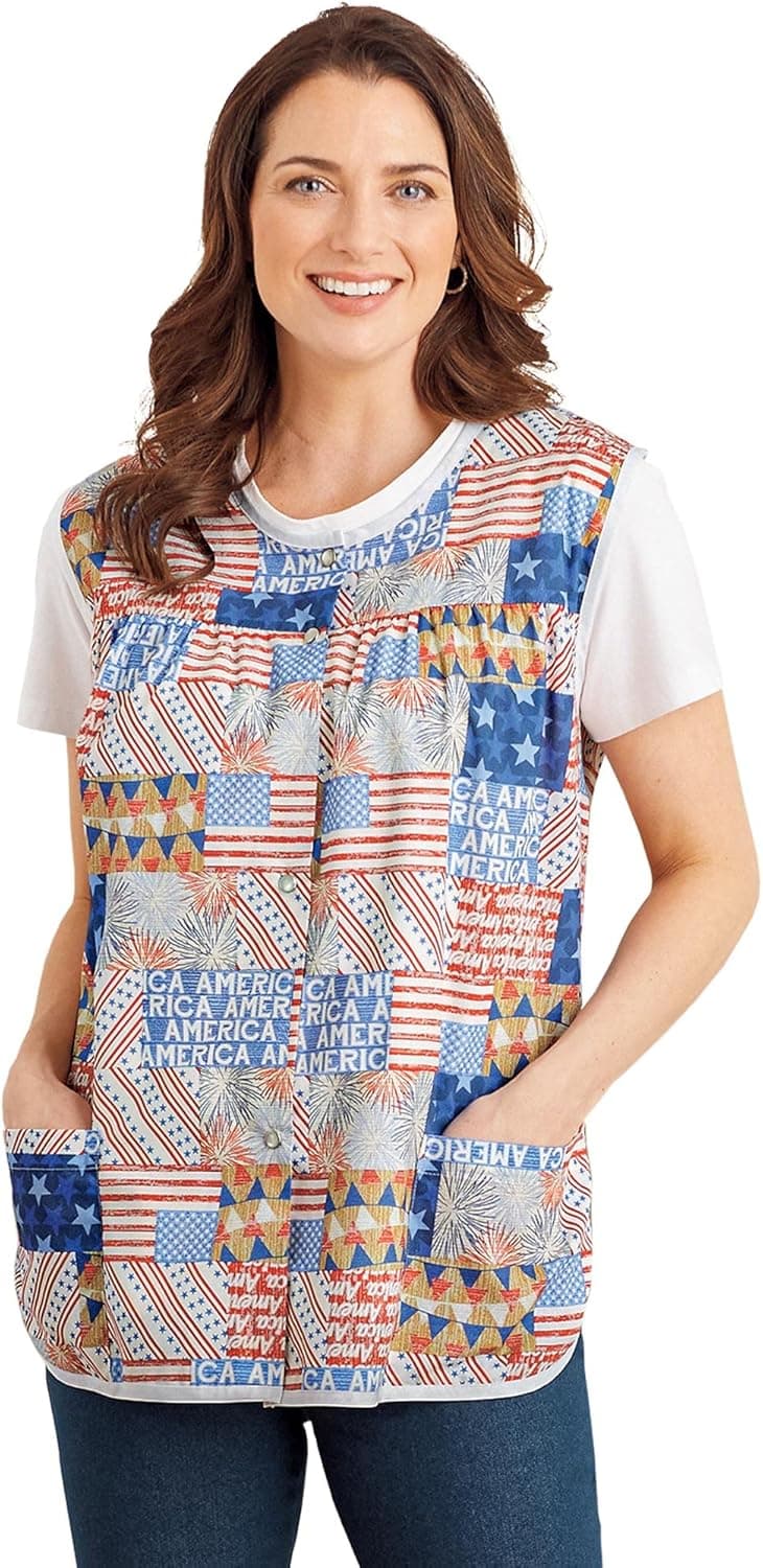 AmeriMark Easy-Care Snap Front Cobbler Aprons Vest with Two Patch Pockets Americana 2X