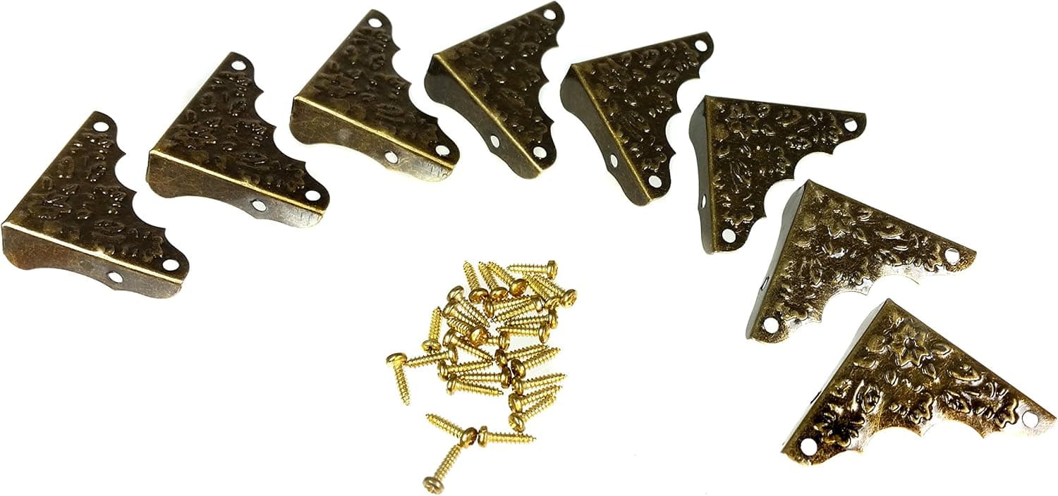 8pc. Antique Brass-plated Box Corners with Decorative Stamped Design