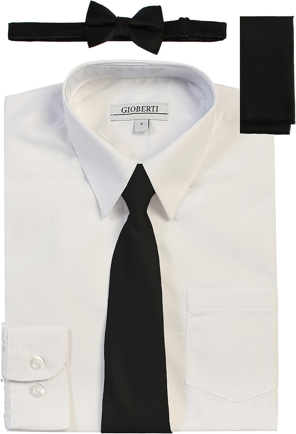 Gioberti Boy's Long Sleeve Dress Shirt + Solid Tie, Bow Tie, and Hanky