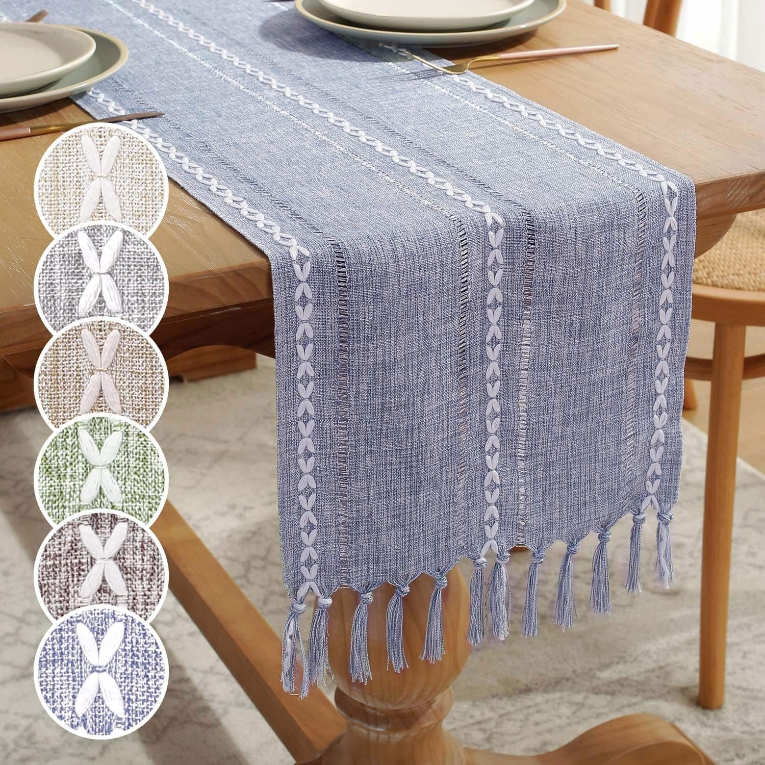 GSG Farmhouse Blue Table Runner Boho Style Linen 72 Inch Long, Handmade Rustic Table Runner with Tassels for Holiday Party Dining Room Kitchen,13“ x 72” Long Dresser Scarf,Navy