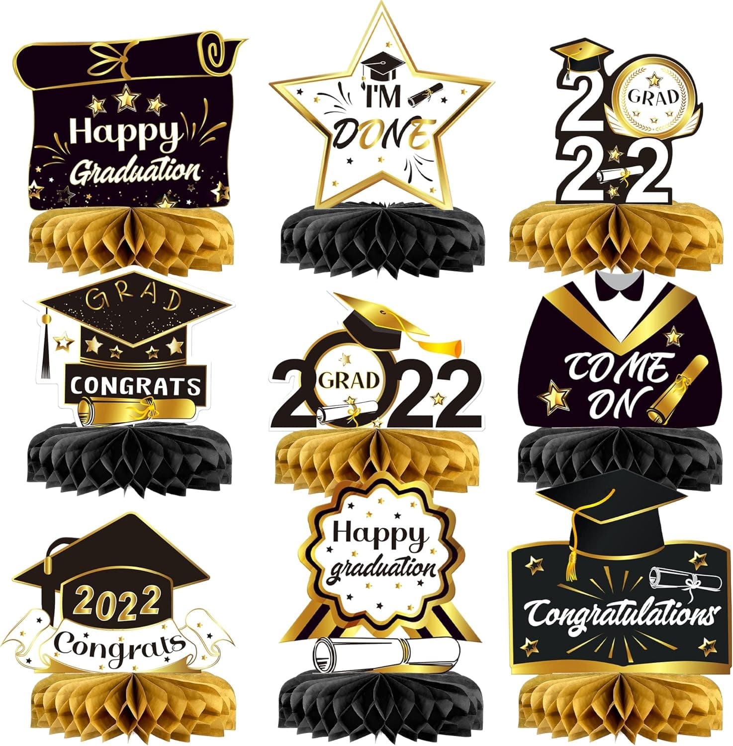 Big, Graduation Honeycomb Centerpieces - Pack of 9 | Black and Gold Graduation 2022 Honeycomb Centerpieces, Table Favors | Graduation Centerpieces for Tables 2022 | Graduation Party Center Pieces