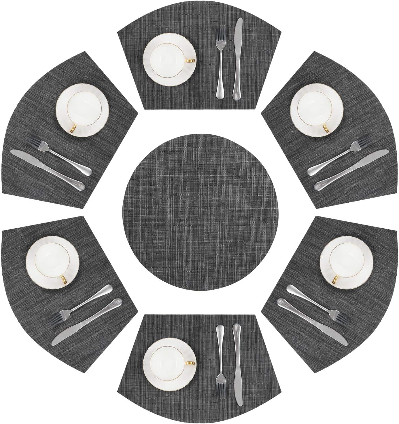 SHACOS Round Table Placemats Set of 7 Wedge Shaped Place Mat with Centerpiece Round Mat Heat Resistant Table Mats Washable (7, Black Gray)