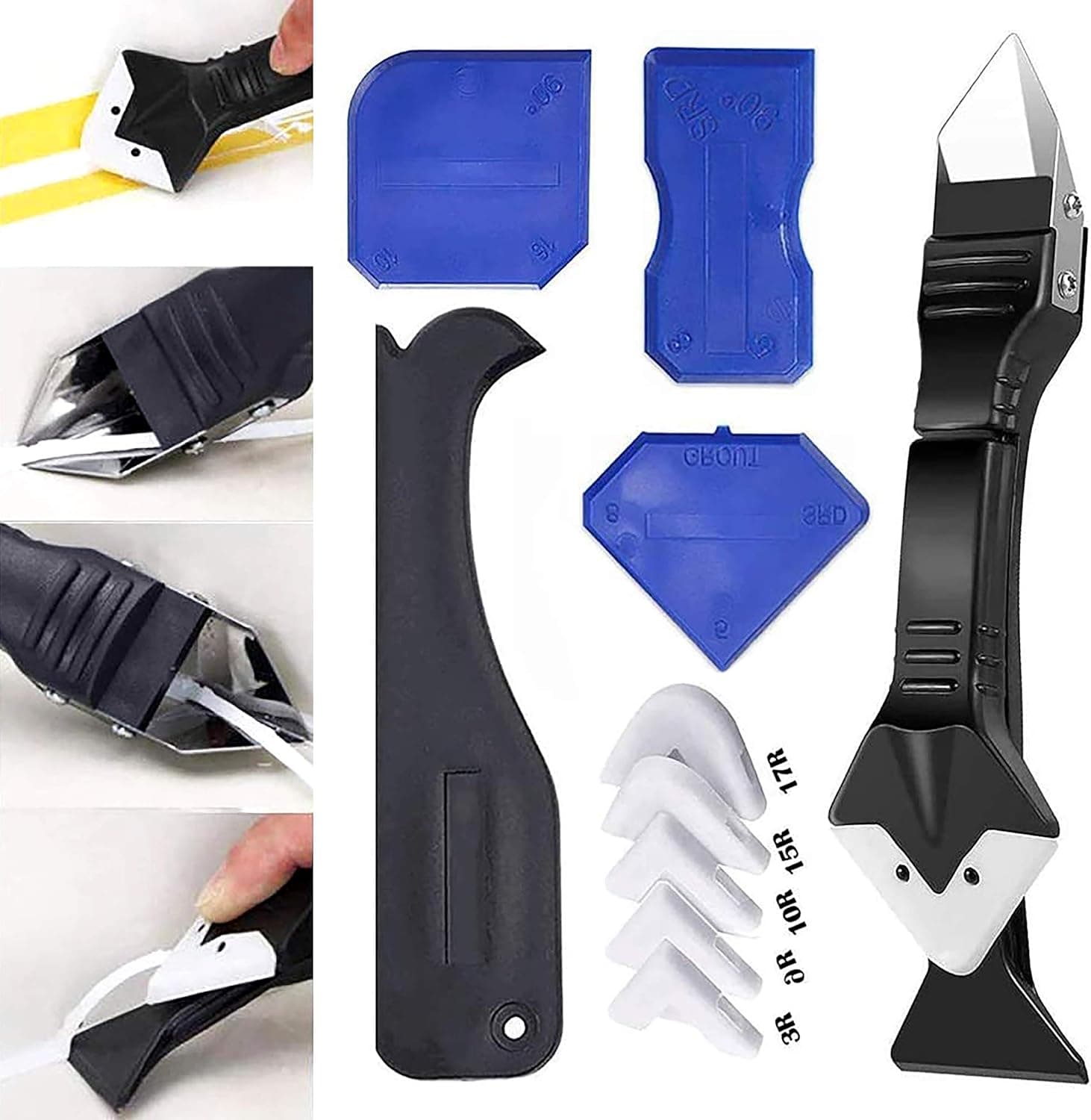 3 in 1 Silicone Caulking Tools(stainless steelhead), Sealant Finishing Tool Grout Scraper Remover, Reuse and Replace 5 Silicone Pads, Versatile Tools for Kitchen Bathroom Window Sink Joint (3 in 1)
