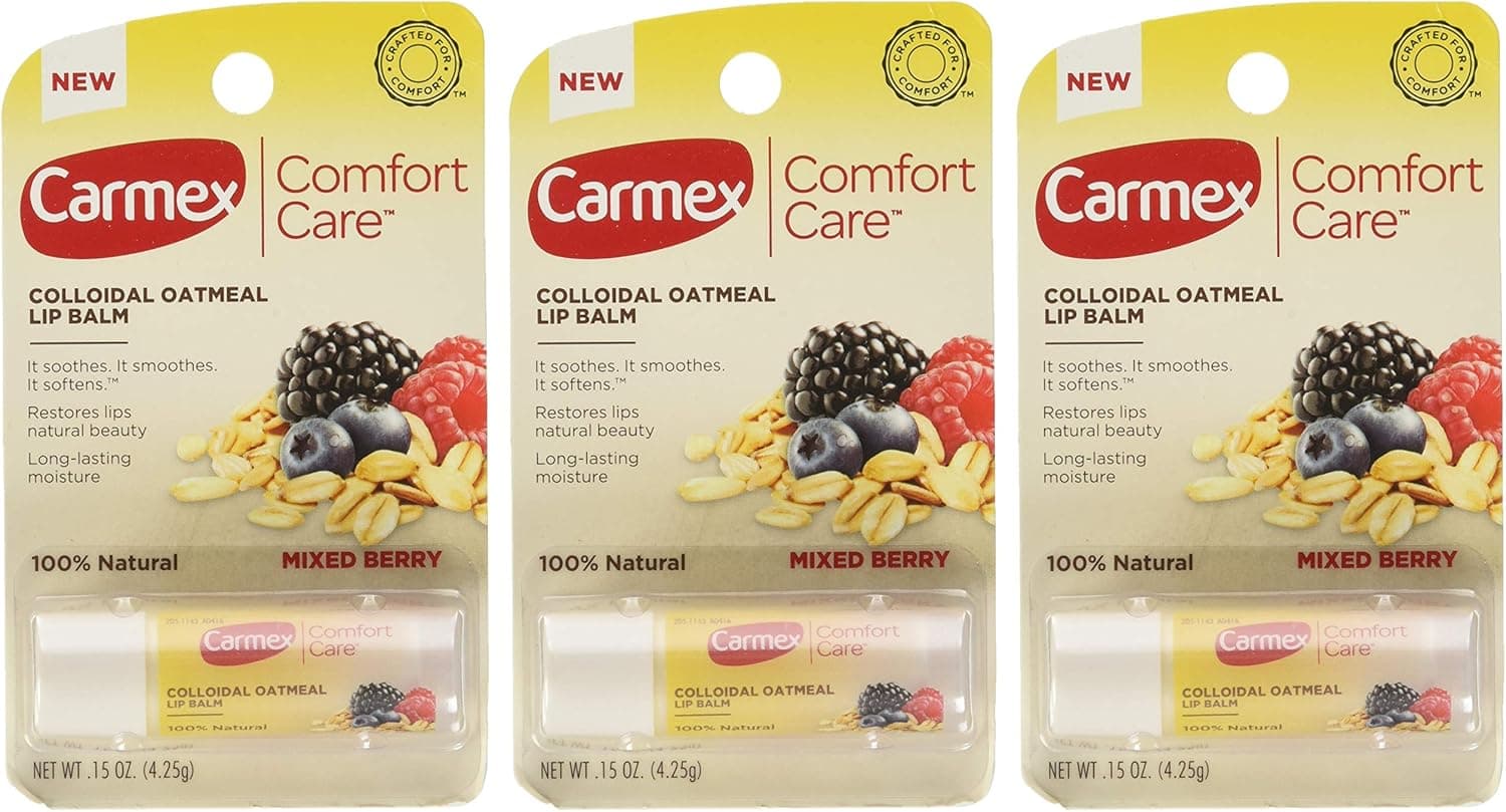 Carmex Comfort Care Colloidal Oatmeal Lip Balm, Mixed Berry .15oz (Pack of 3)
