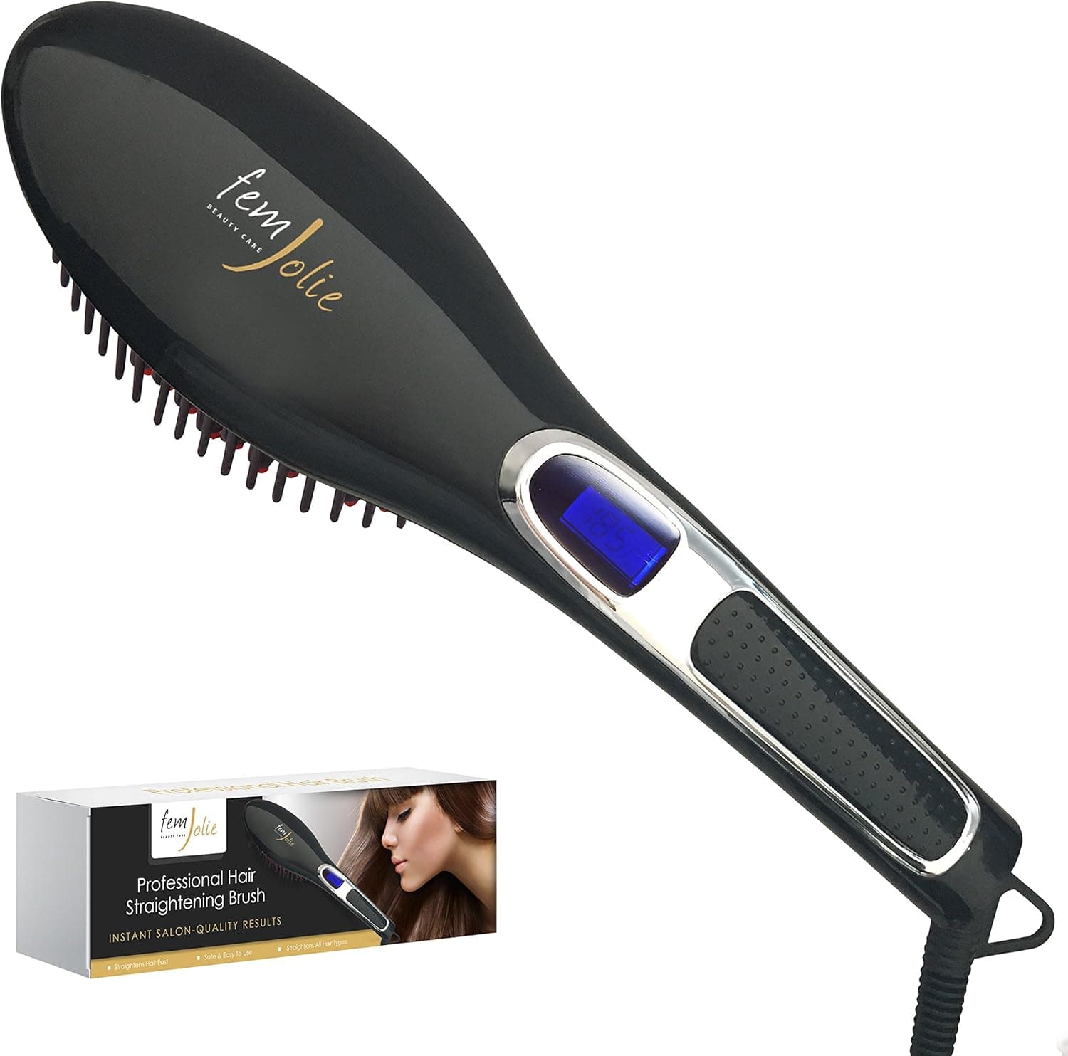 FemJolie Hair Straightener Brush Best for Beauty Styling (w/Velvet Pouch, Glove) 40W Professional Heated Ceramic Straightener Comb