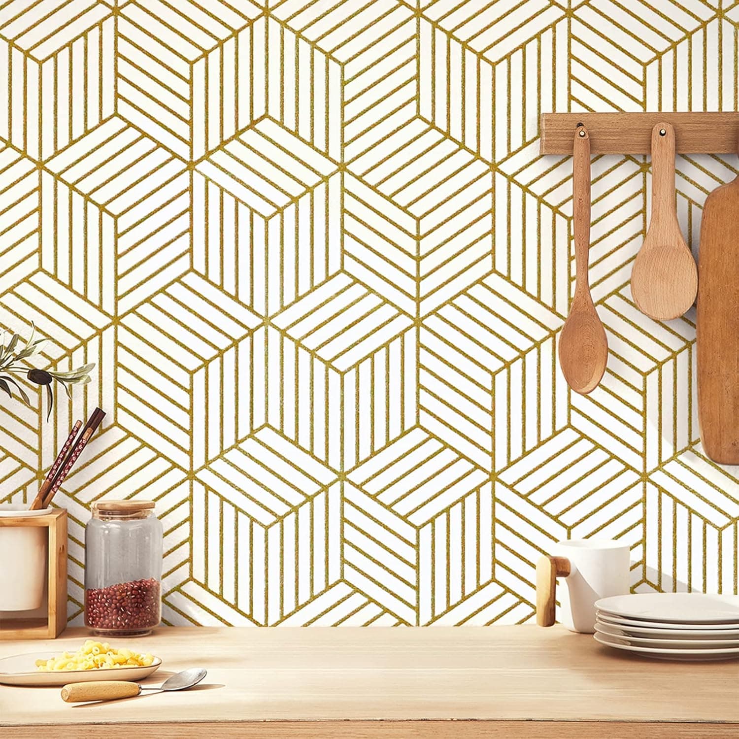 Gold Striped Hexagon Wallpaper Peel and Stick Wallpaper Removable Self Adhesive Wall Paper Geometric Vinyl Contact Paper for Wall Covering Bedroom Bathroom Renter Friendly 17.7"x393.7"Upgrade