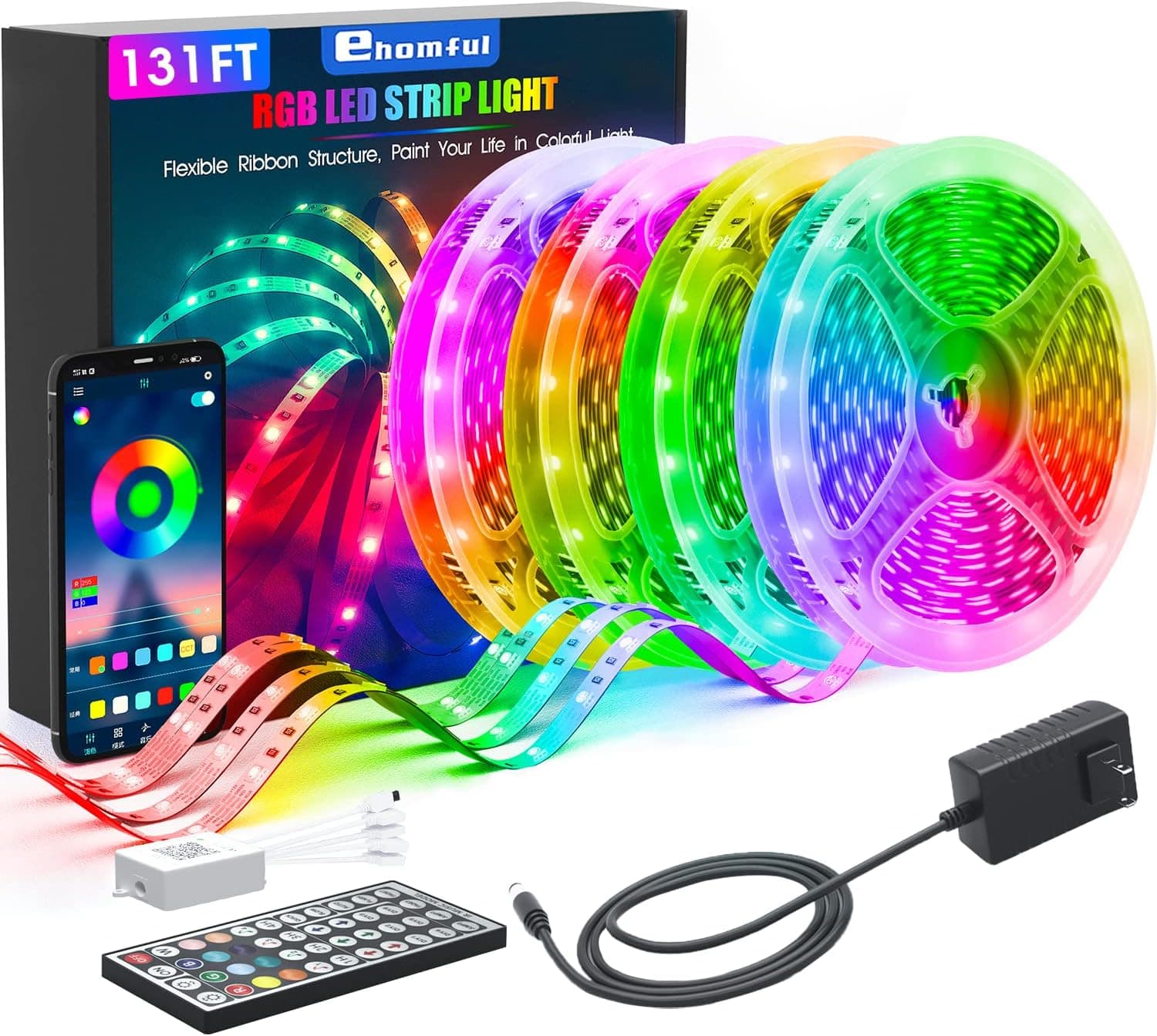 ehomful Led Strip Lights 131ft,Ultra Long RGB 5050 Smart Led Light Strips Kit with App Control and 44 Keys Remote,Music Color Changing Led Lights for Bedroom,Room,Apartment,Kitchen,Party Decorations