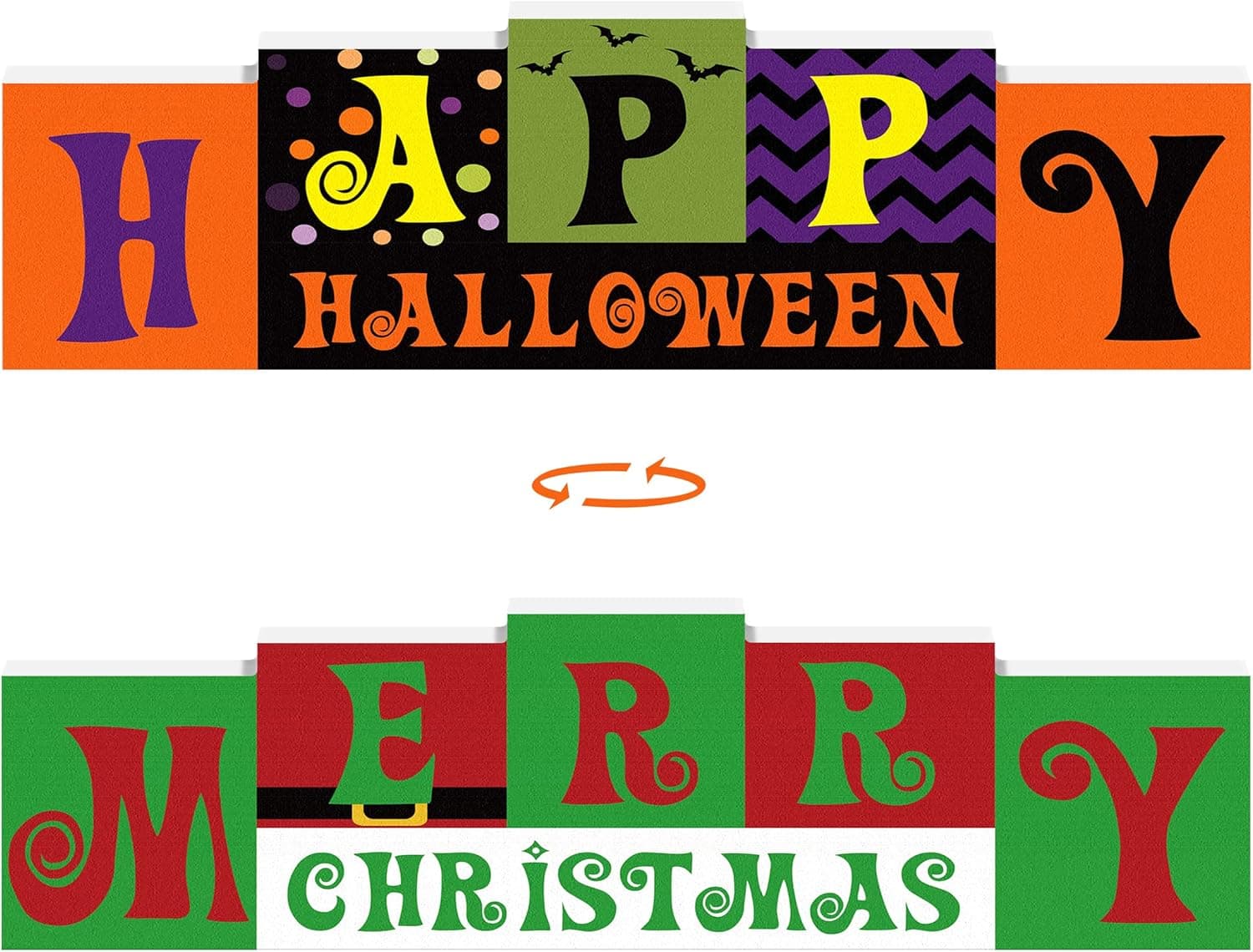 Reversible Happy Halloween/Merry Christmas Wooden Sign Farmhouse Table Decor, Double-Sided Print Halloween Decor & Christmas Holidays Decor Tabletop Centerpiece Home Kitchen Office Mantle Decor