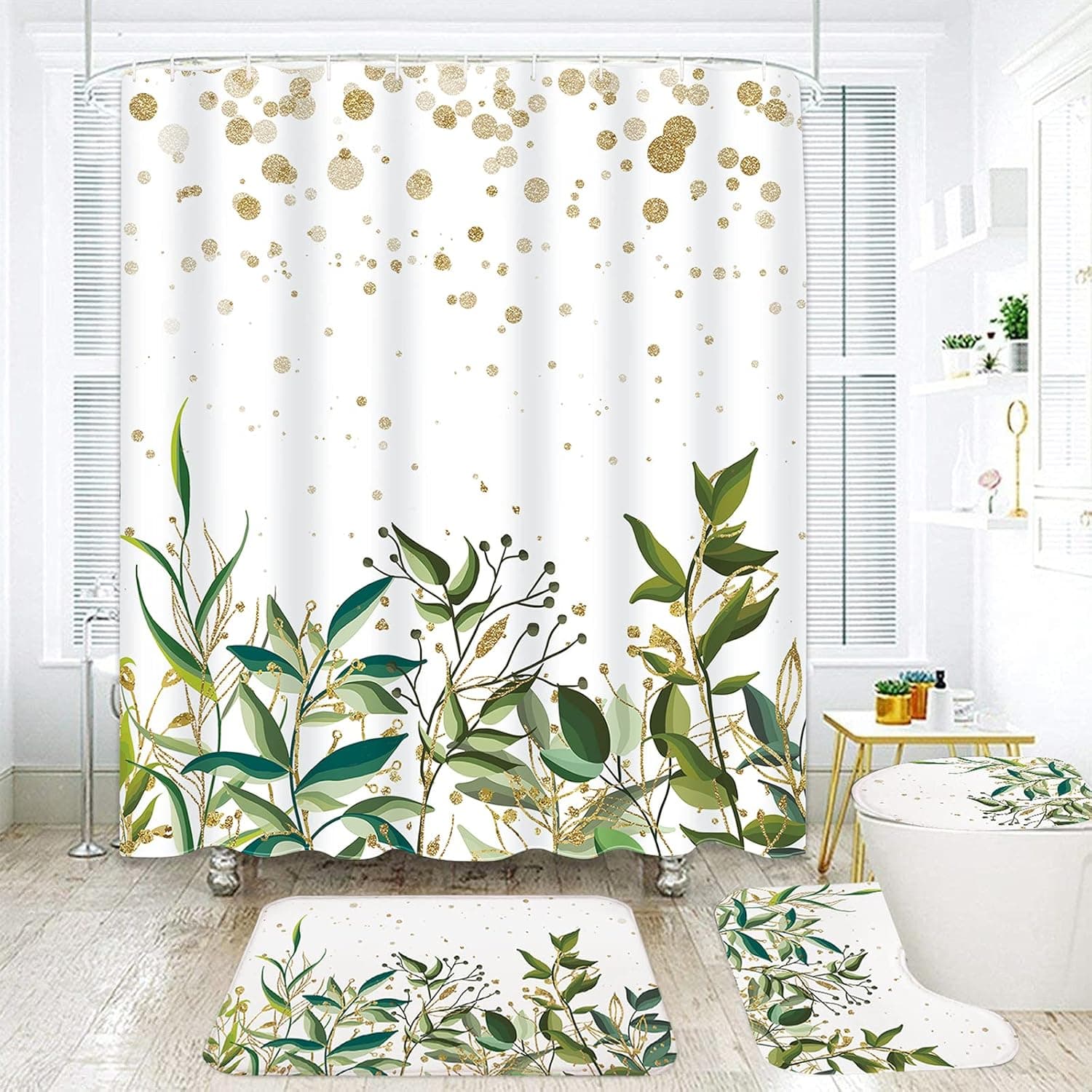 Floral Shower Curtain Sets with Non-Slip Rugs, Toilet Lid Cover and Bath Mat, Plant Shower Curtain with 12 Hooks, Waterproof Leaf Shower Curtain Sets for Bathroom Decor