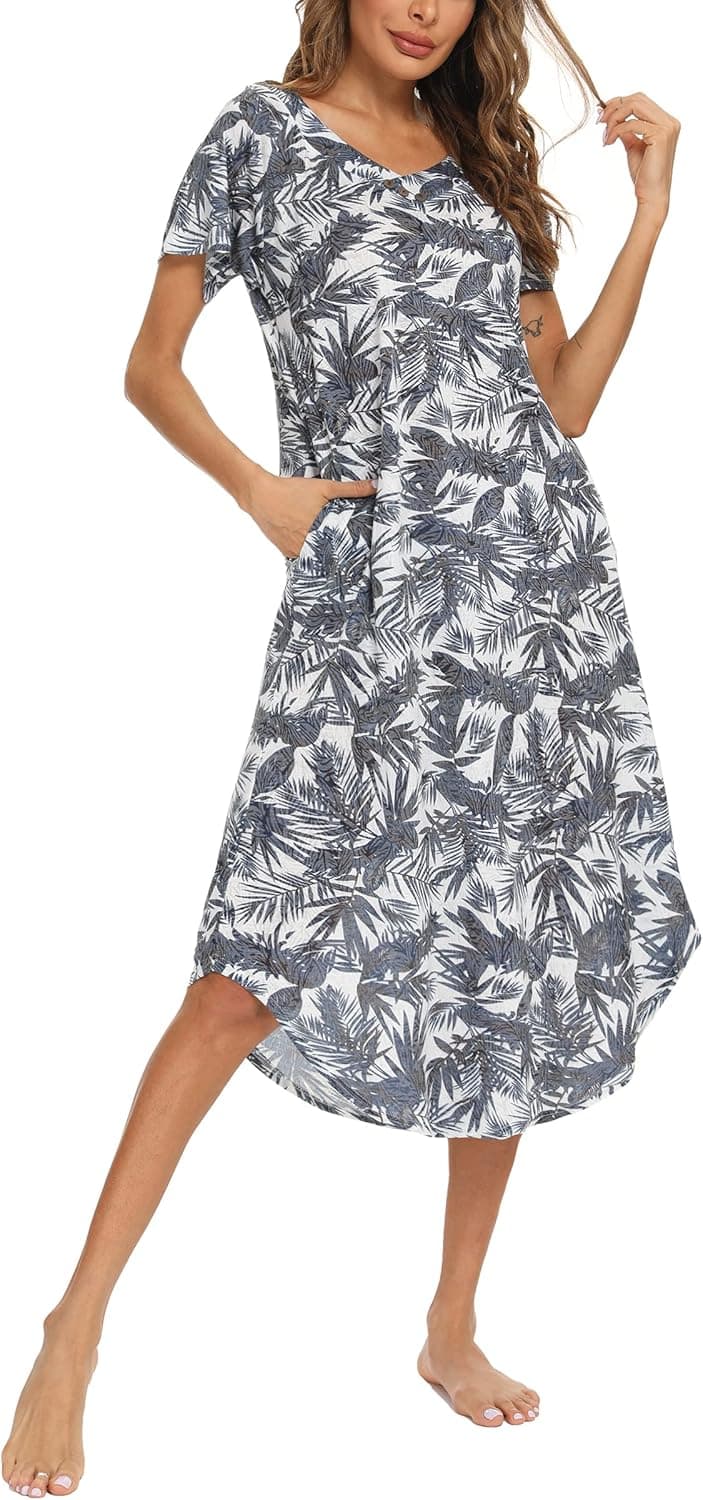 YOZLY Nightgowns for Women Soft V Neck Nightshirts Short Sleeve House Dress with Pockets S-XXL