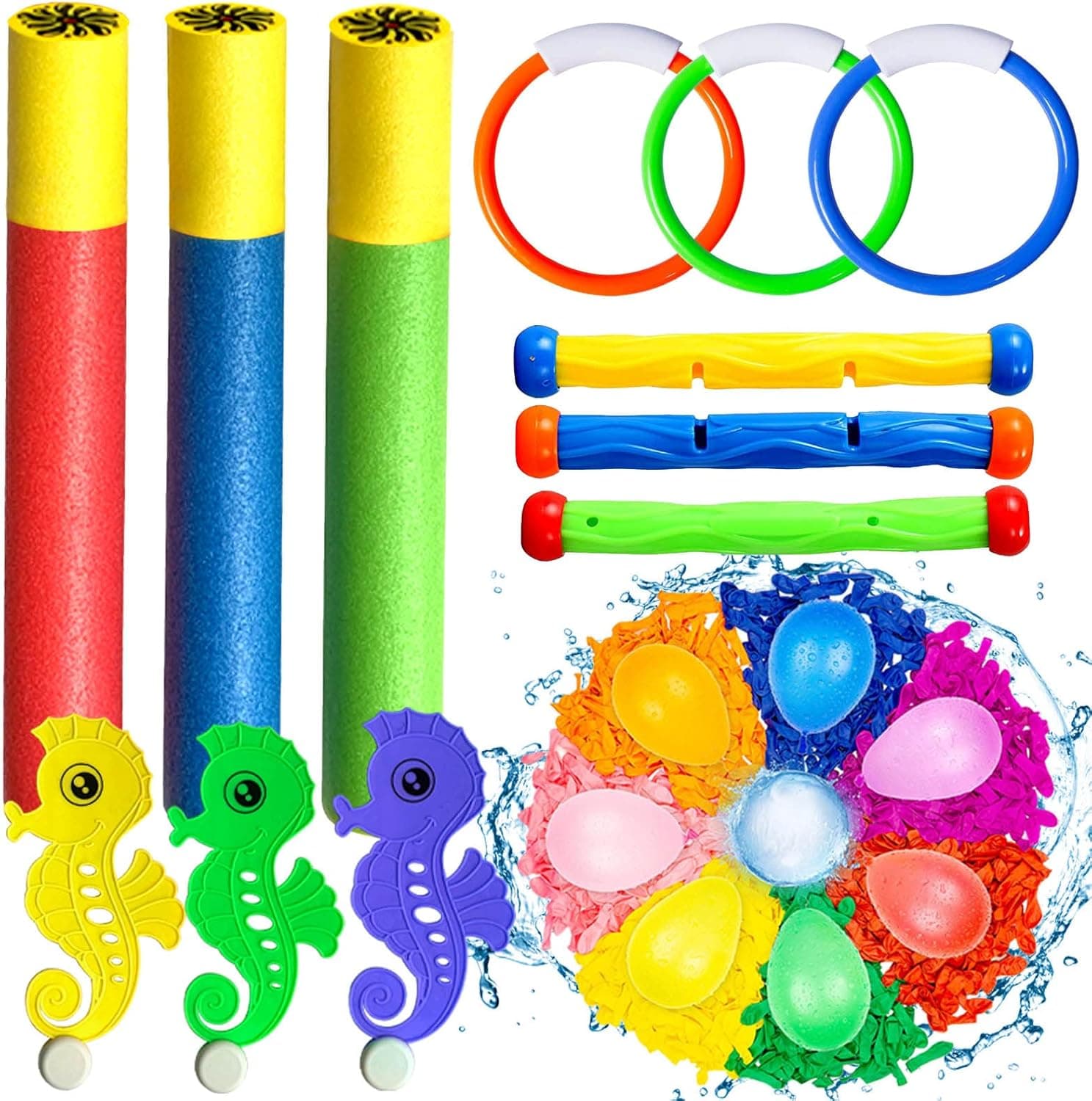 Intsinzi 512 PCS Pool Toys for Kids Ages 8-12,Swimming Pool Toys Set with Storage Bag Includes Diving Toys,10.2inch Water Guns,Water Balloons Ect,Summer Party Toys Gifts for Toddlers & Adults