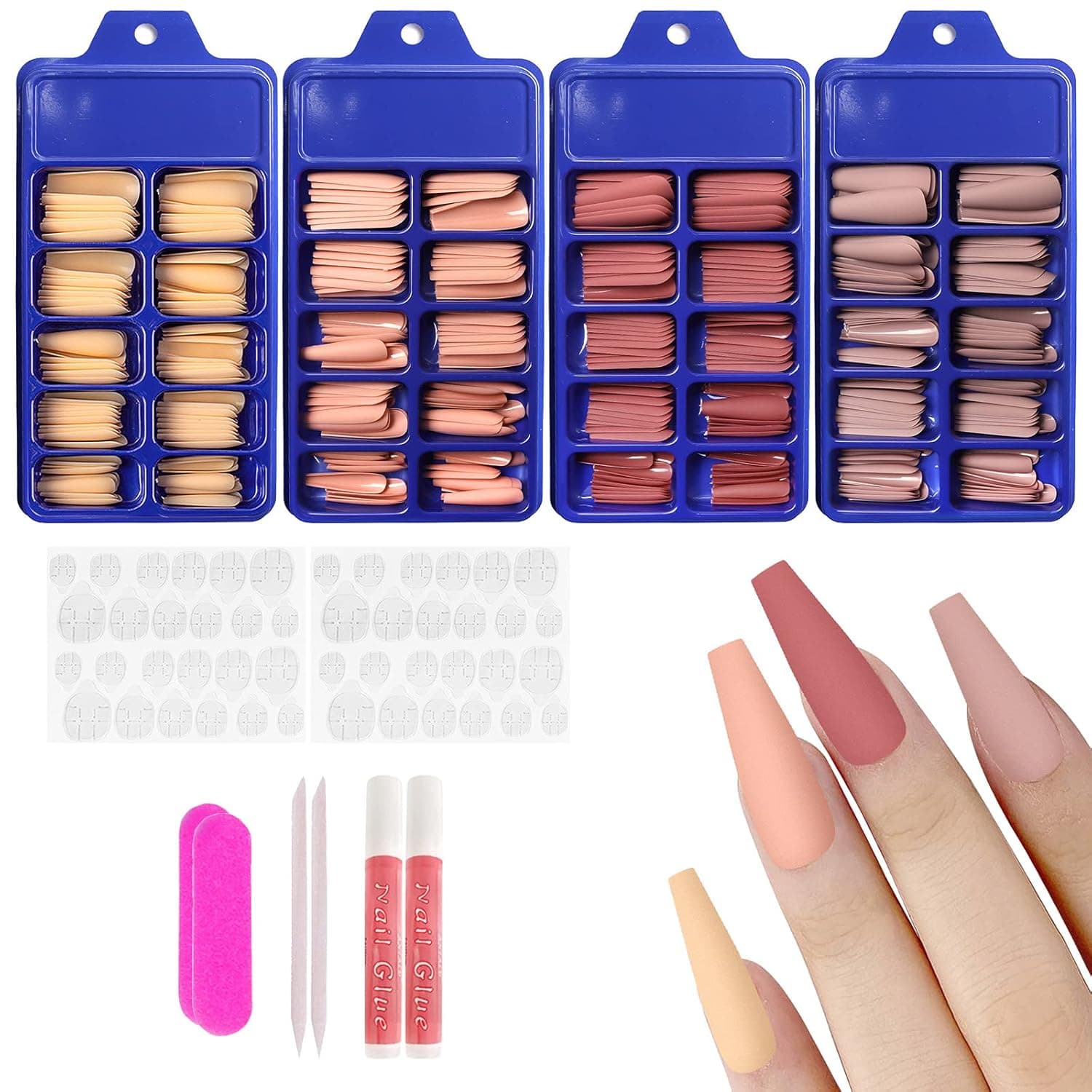 Allstarry 400pcs Matte Press on Nails Extra Long Ballerina Orange Yellow Coffin Fake Nails Acrylic Artificial Nails Full Cover Colorful Nails with Box Nail Accessories for Women and Girls