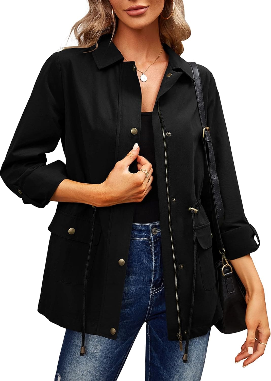 FERBIA Women's Military Jackets Zip Up Button Down 3/4 Sleeve Casual Drawstring Anorak Parka Coat with Pockets