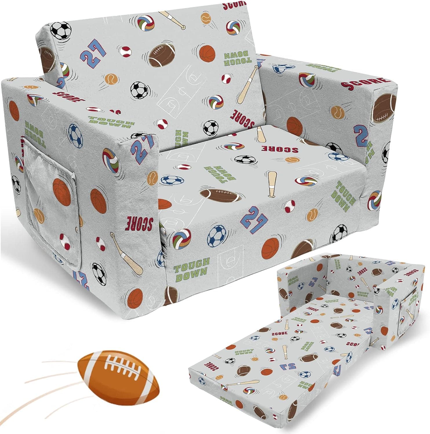 fond + found Kids Sofa Couch, Toddler Boys Girls 2-in-1 Convertible Sofa to Lounger, Comfy Flip-Out Couch/Sleeper, Sports Theme Toddler Couch Chair, Football Basketball Baseball Soccer Sofa Bed