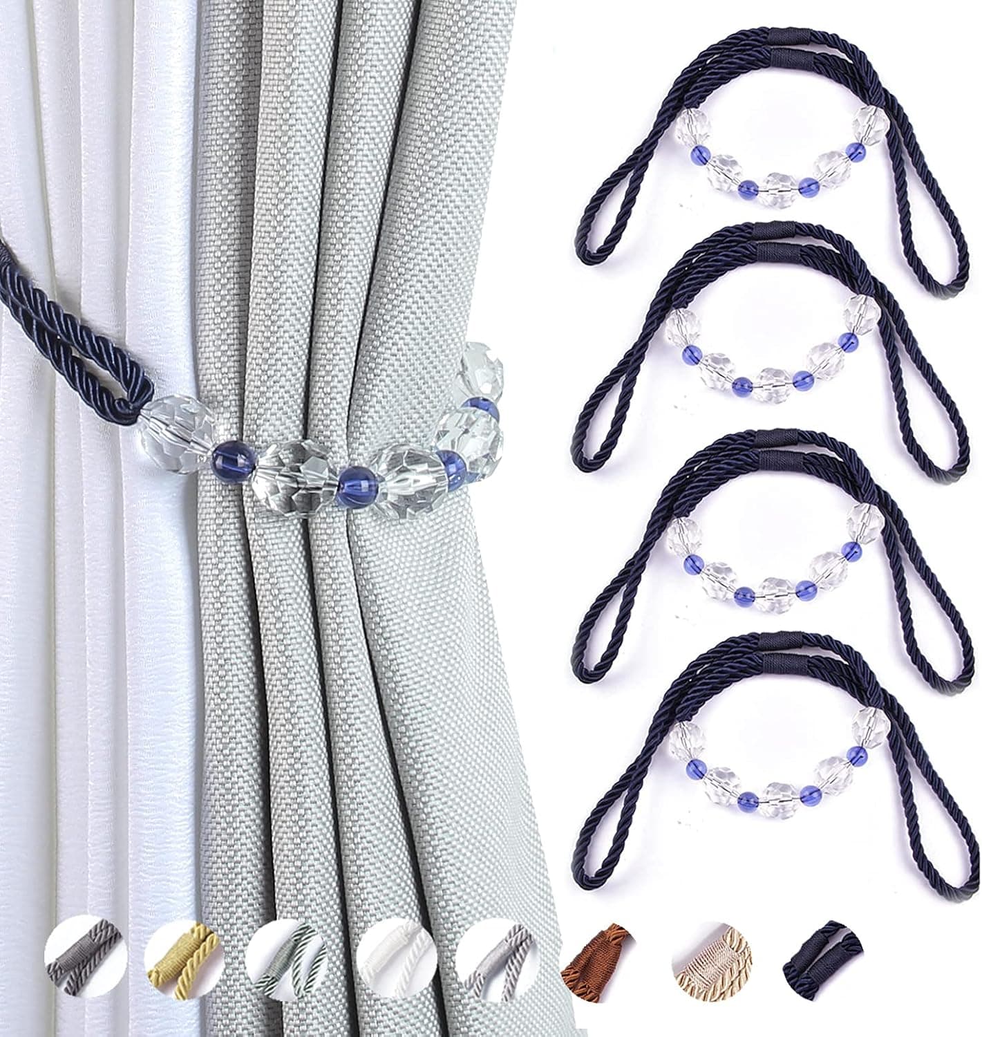 BEL AVENIR 4 Pack Curtain Tiebacks Handmade Curtain Rope Tiebacks with Crystal Beaded Decorative Drapery Holdbacks (RoyalBlue)