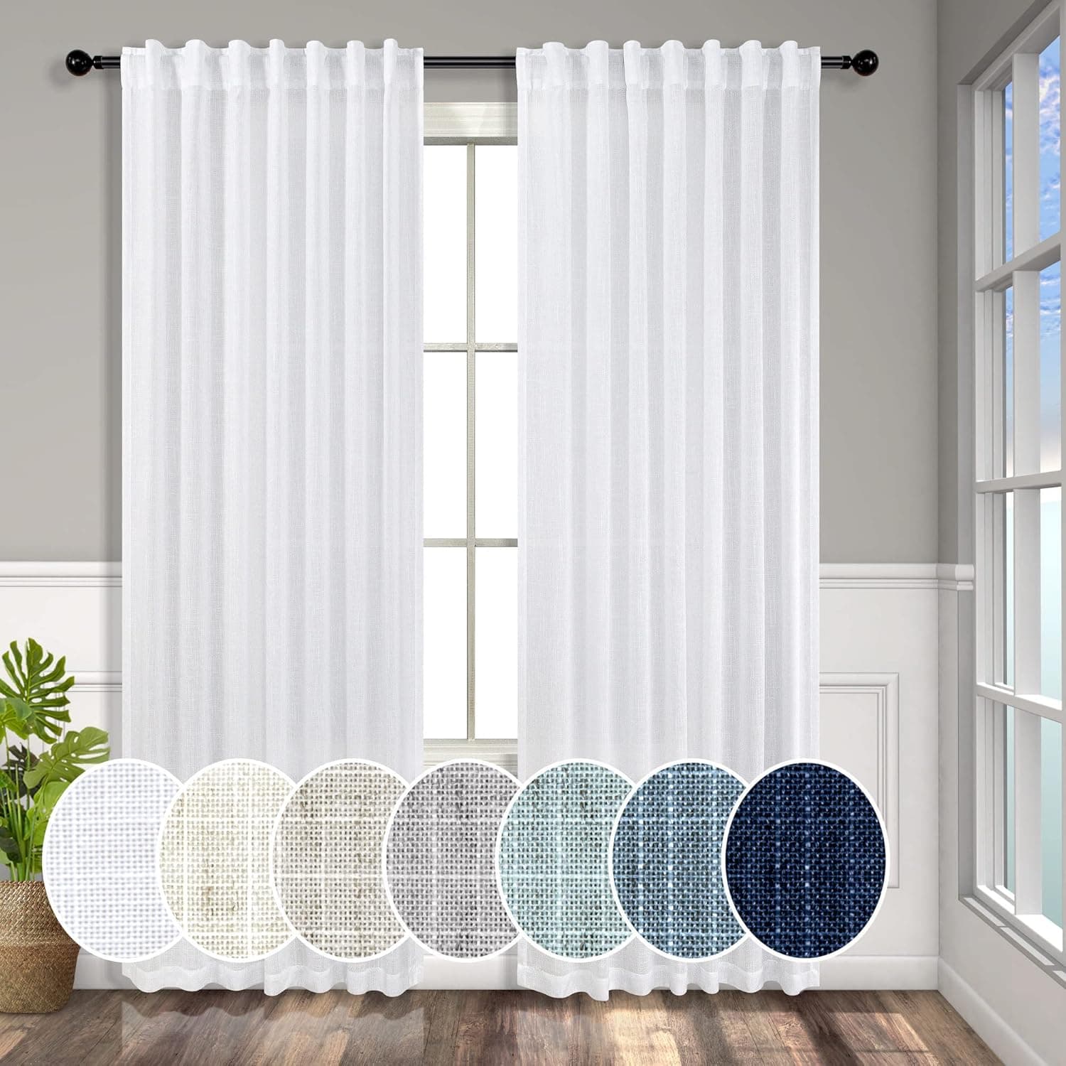 Solid White Curtains 96 Inches Long for Living Room 2 Panel Set Back Tab Pocket Opaque Draperies Semi Sheer Linen Light Filtering Curtain for Bedroom Floor Length Crisp Vintage Beach Country Chic 8 FT
