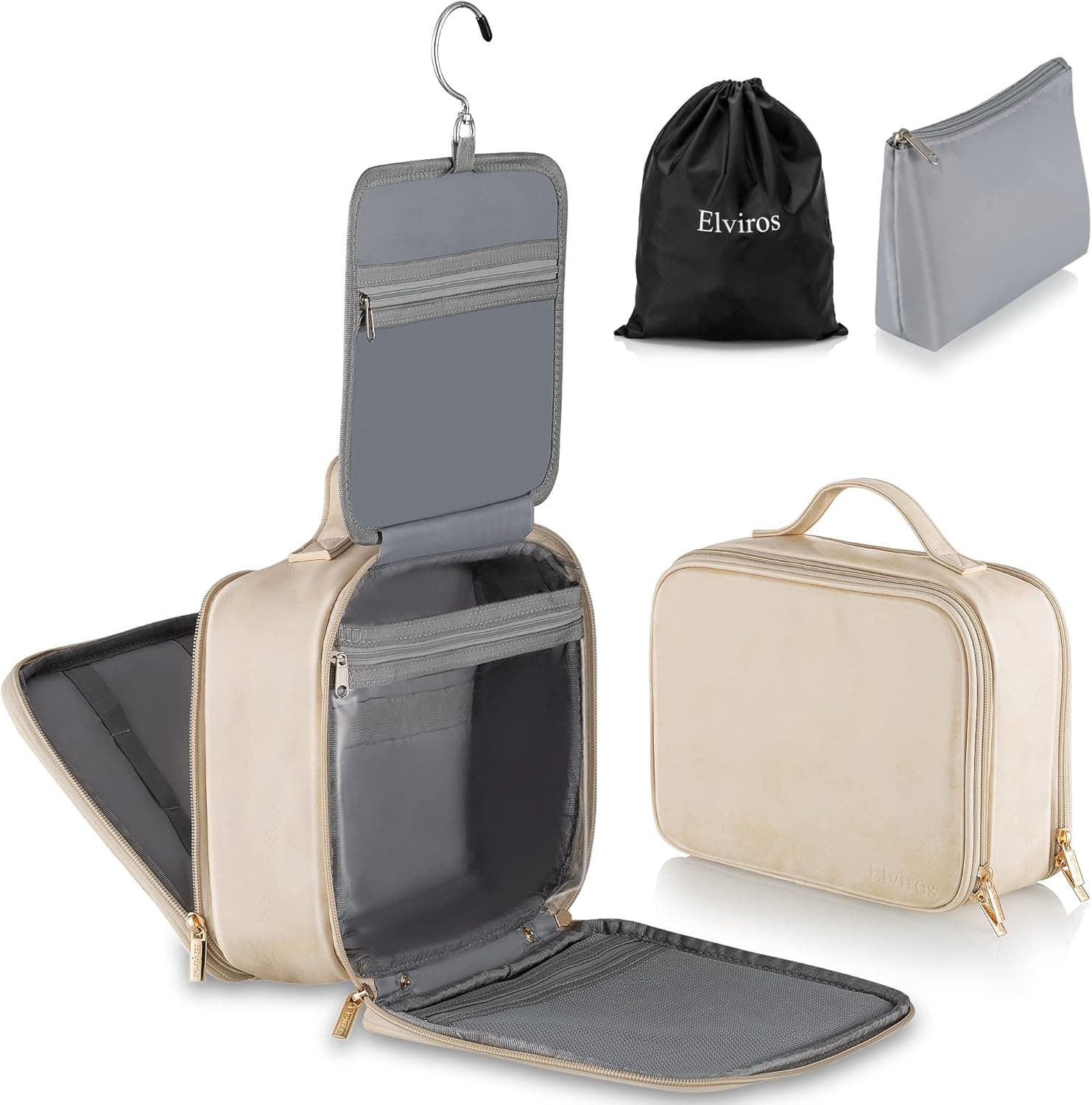 Elviros Travel Toiletry Bag for Men and Women, Large Hanging Leather Makeup Bags Organizer, 2 in 1 Water-resistant Cosmetic Case for Bathroom Toiletries Accessories (Beige)