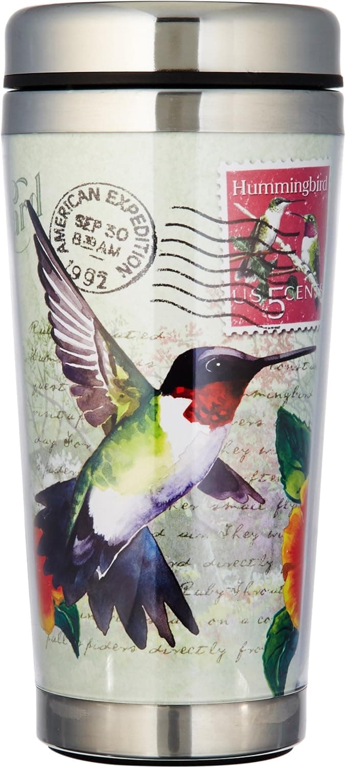 Vintage Bird Series 16oz Steel Travel Mug (Ruby Throated Hummingbird Postcard)