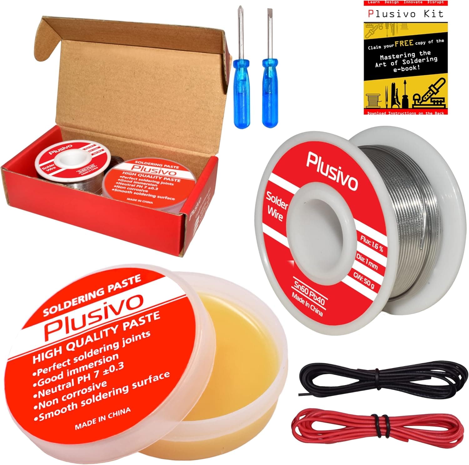 Solder Wire and Rosin Paste Flux Kit - 60-40 Tin Lead Rosin Core Solder Wire (1mm, 50g) and Rosin Paste Flux for PCB Electrical Soldering and DIY from Plusivo