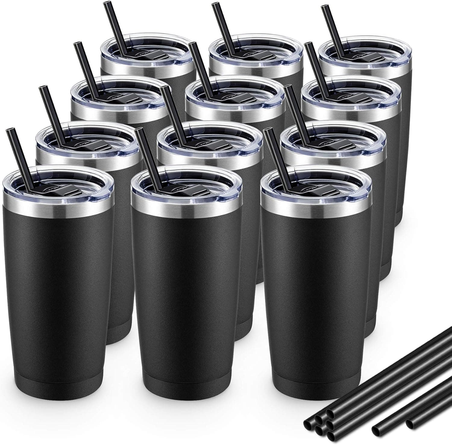 ALOUFEA 20oz Stainless Steel Tumblers Bulk, Vacuum Insulated Tumblers Pack with Lid and Straw, Double Wall Coffee Tumbler, Powder Coated Travel Coffee Mug (Black, Set of 12)