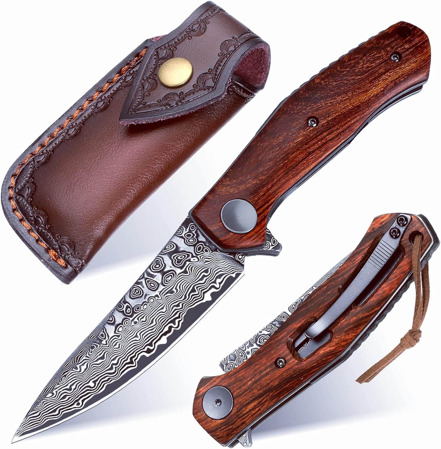 Benkey Damascus Folding Knife with Clip Leather Sheath Camping Knife EDC, Sharp Damascus Pocket Knife Handmade with Liner Lock and Wood Handle for Outdoor Survival Hunting Collection