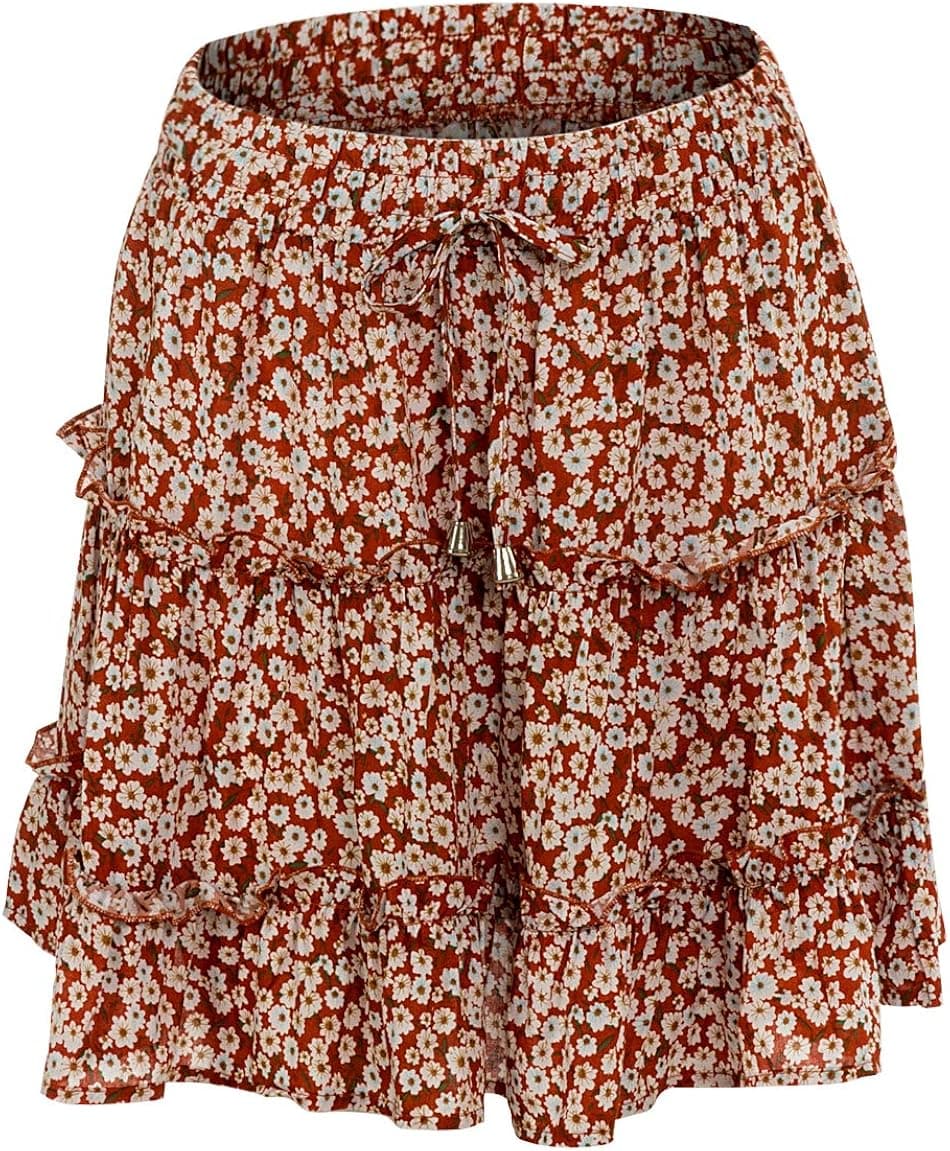 VNDFLAG Women's Summer High Waist Ruffle Tiered Mini Skirt Floral Printed A-line Polka Dot Beach Cute Skirt