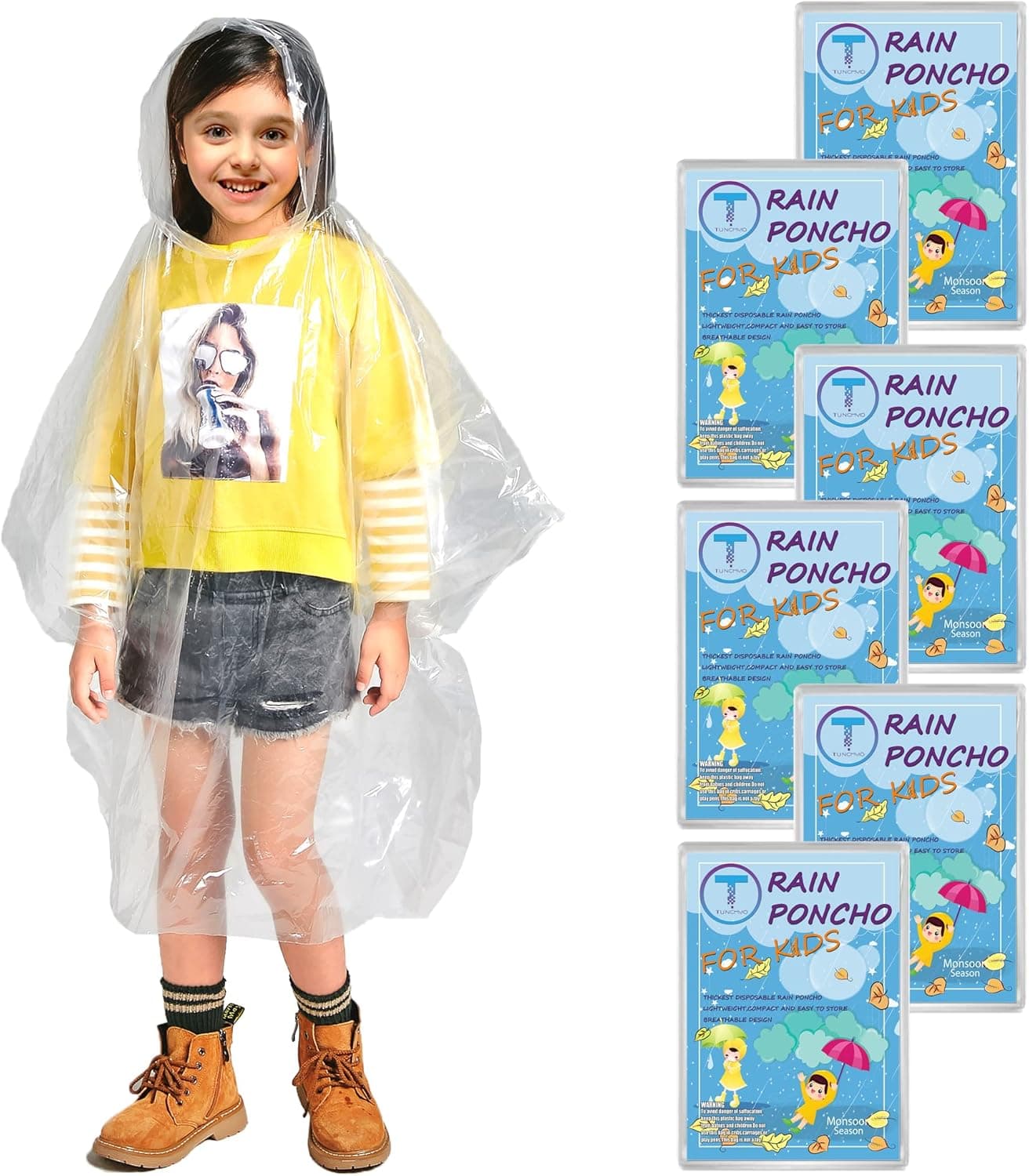TUNCHMO Disposable Rain Ponchos for Adults/kids (6 Pack) 50% Thicker Emergency Ponchos