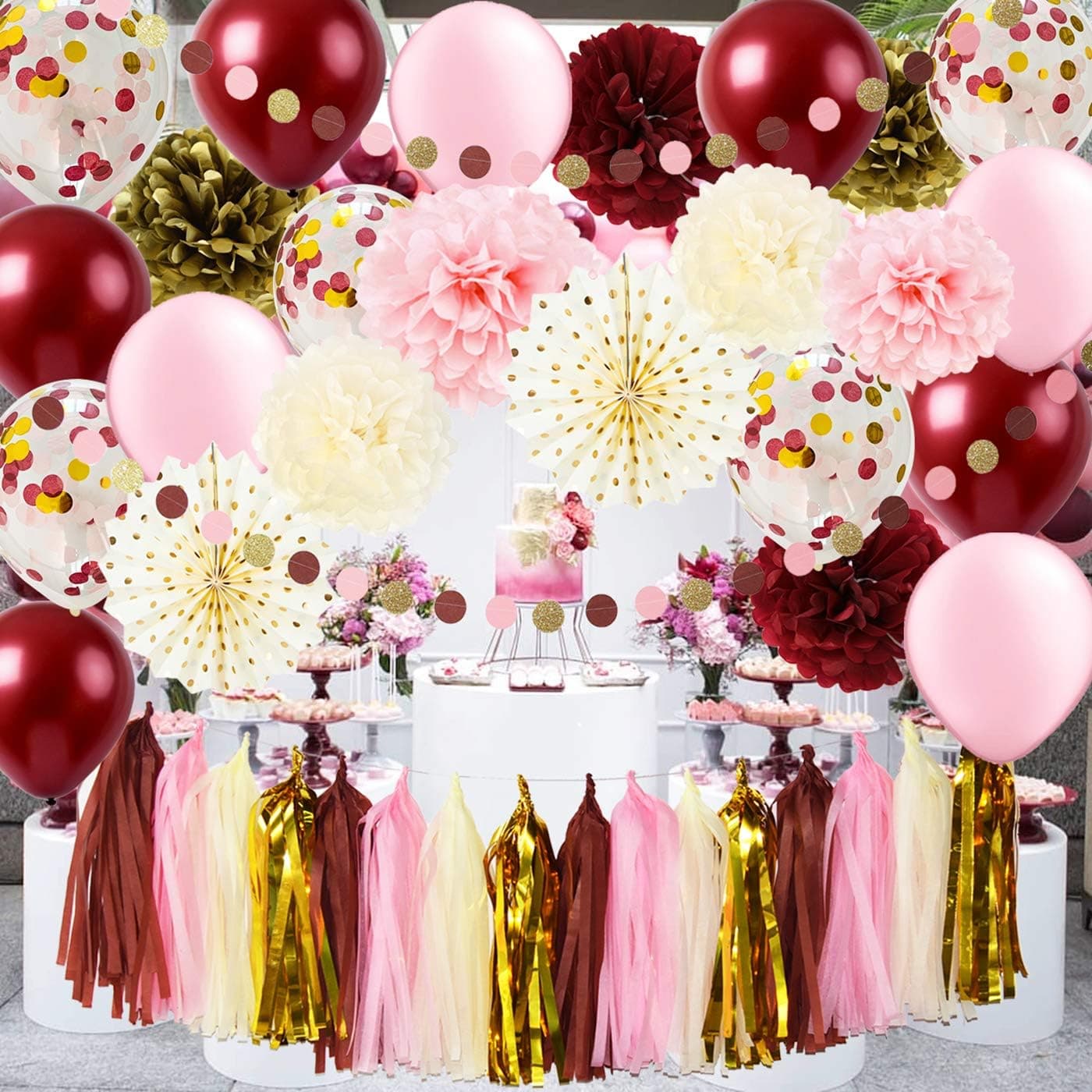 Qian's Party Burgundy Pink Gold Birthday Decorations for Women/Valentines Day Decor Fall In Love Bridal Shower Decorations Bachelorette/Polka Dot Paper Fans Gold Confetti Balloons 30th/40th/50th