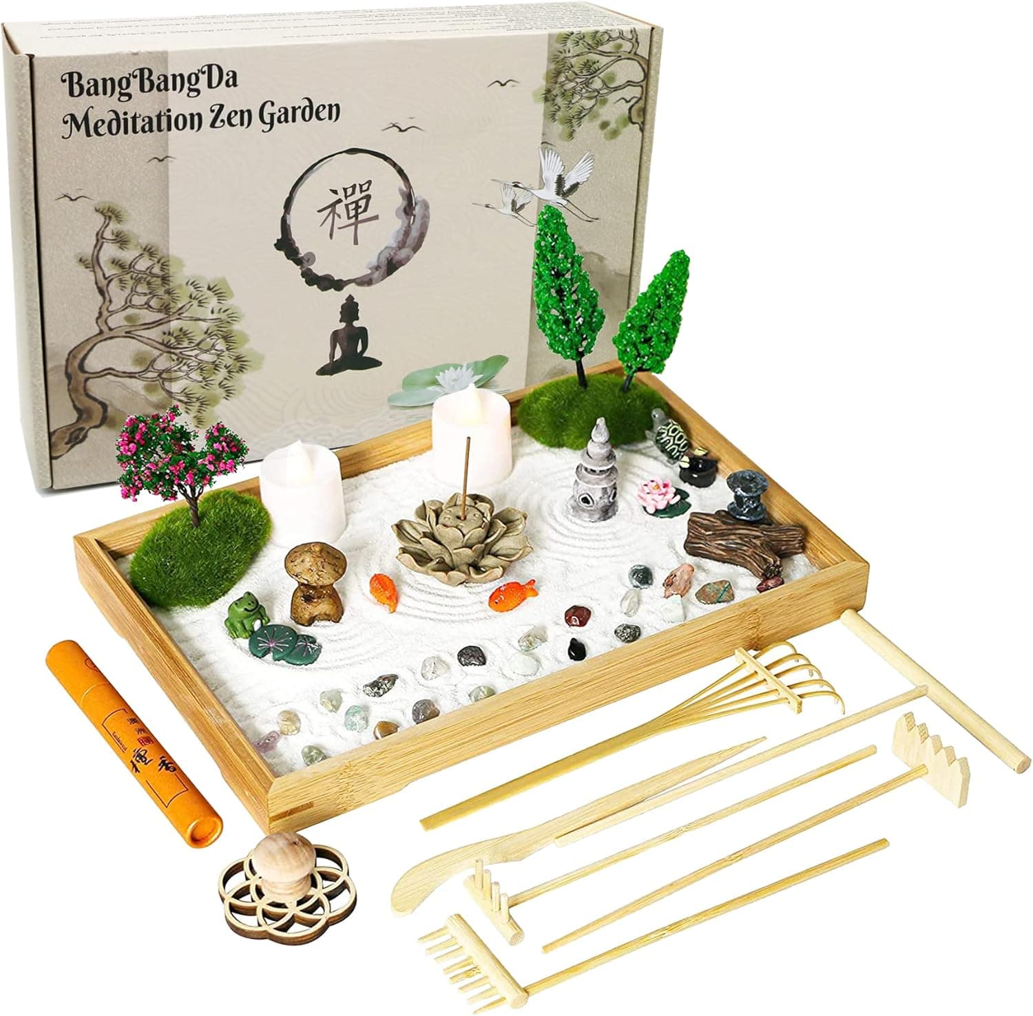 Miniature Japanese Zen Garden Kit - Mini Chakra Crystal Quartz Rock Sand Garden Sandbox Desktop Meditation Altar Zen Decor Zen Gift Set Home Office Desktop Rake Tools Bonsai Spiritual Items
